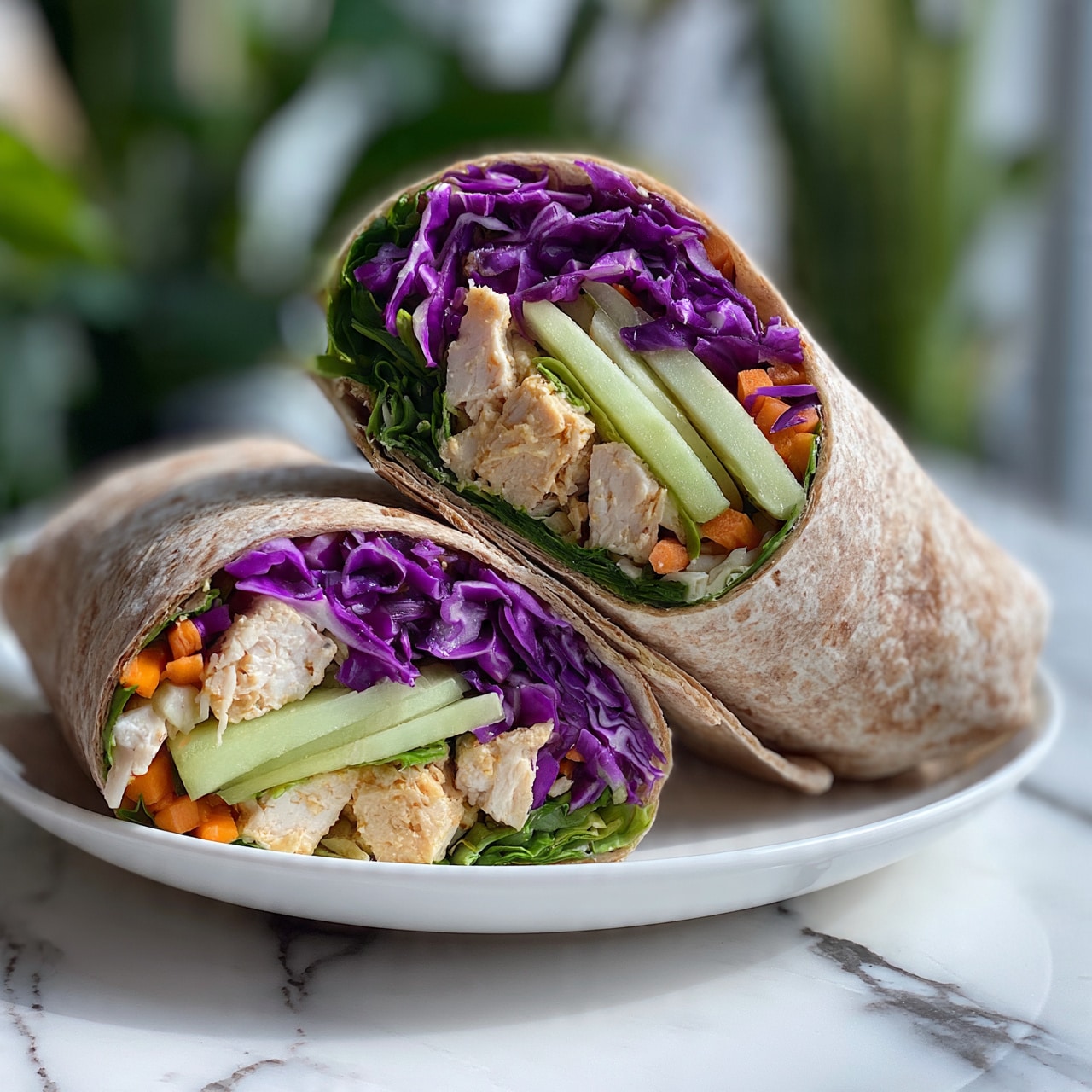 square image The image shows two halves of a wrap placed side by side on a white plate, resting on a white marbled surface. Each wrap has several visible layers including a light brown outer flatbread, filled with chunks of light tan cooked chicken, bright purple shredded cabbage, small orange carrot pieces, long light green cucumber slices, and some green leafy vegetables. The colors and textures pop with fresh, crisp vegetables contrasting with the soft, cooked chicken and flatbread. The background is blurred with green plants, making the food the main focus. Photo taken with an iphone --ar 4:5 --v 7