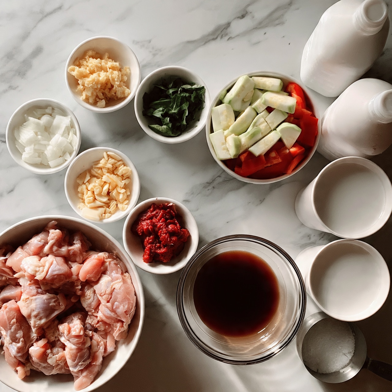 square image The image shows several small bowls and containers arranged on a white marbled surface. There is a white bowl filled with raw pink chicken pieces on the left. Next to it are small white bowls holding chopped onions, minced ginger, minced garlic, and a thick red paste. A small bowl with green leafy herbs is placed near the center, alongside a bowl of sliced vegetables including light green zucchini and red bell peppers. On the right side, two white containers of coconut milk sit beside a cup filled with a white creamy liquid. A transparent glass bowl holds dark brown liquid near the center, and a metal measuring cup with salt completes the setup. photo taken with an iphone --ar 4:5 --v 7