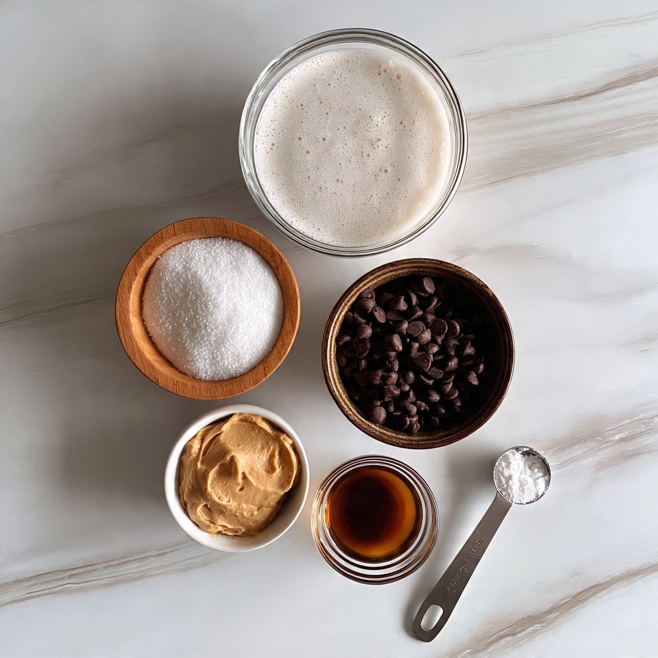 square image Five bowls and a metal measuring spoon lay on a white marbled surface. From top to bottom: a clear glass bowl filled with a foamy white liquid; a wooden bowl holding white granulated sugar; a dark brown ceramic bowl filled with dark chocolate chips; a small white bowl with a smooth, light brown creamy substance; a small clear glass bowl containing a dark amber liquid; and a metal measuring spoon with white powder inside. The bowls are arranged in a neat cluster. photo taken with an iphone --ar 4:5 --v 7