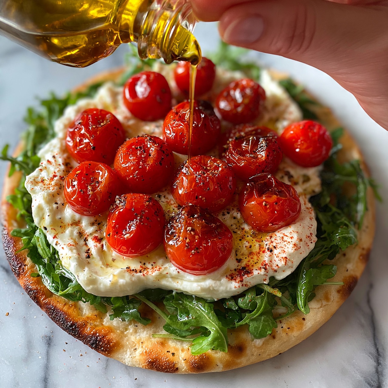 square image The dish shows a flatbread base with a slightly crispy, golden brown edge. On top, there is a layer of green arugula spread evenly. Above the arugula is a thick, creamy white cheese layer, soft in texture and loosely spread across the flatbread. Roasted, shiny red cherry tomatoes are scattered on the cheese, giving a juicy and vibrant look. The tomatoes have a sprinkle of red spice and black pepper for extra color and texture. A woman's hand is pouring golden olive oil over the tomatoes and cheese from a bottle. The background is a white marbled surface photo taken with an iphone --ar 4:5 --v 7