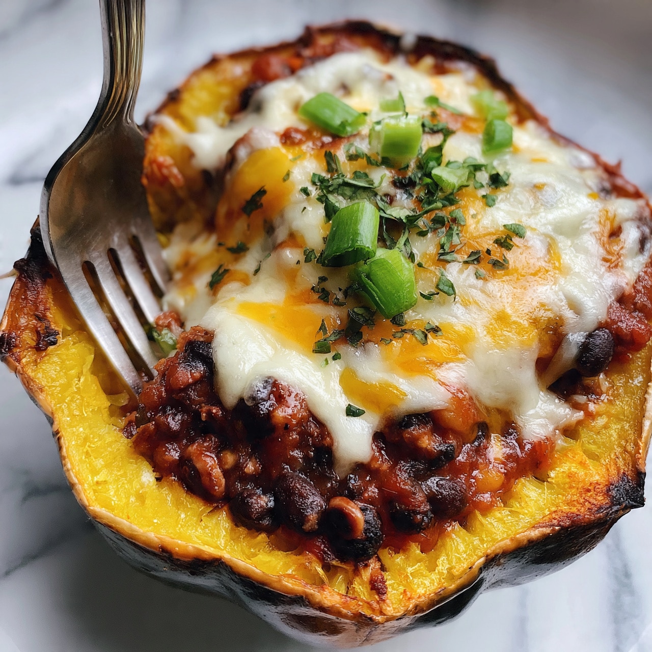 square image The image shows a roasted acorn squash half used as a bowl, filled with several layers. The first layer is the roasted yellow-orange flesh of the squash with slightly charred edges. Inside the squash, there is a layer of chunky tomato-based sauce mixed with black beans, giving a dark and red texture with some seeds and bits. On top of this, melted white and yellow cheese are spread unevenly, dripping slightly and showing a soft, creamy texture. Green chopped scallions and finely chopped green herbs are sprinkled on top for contrast. A silver fork is inserted into the filling from the left side, with its tines slightly pressing the dish. The whole setup is on a white marbled surface. Photo taken with an iphone --ar 4:5 --v 7