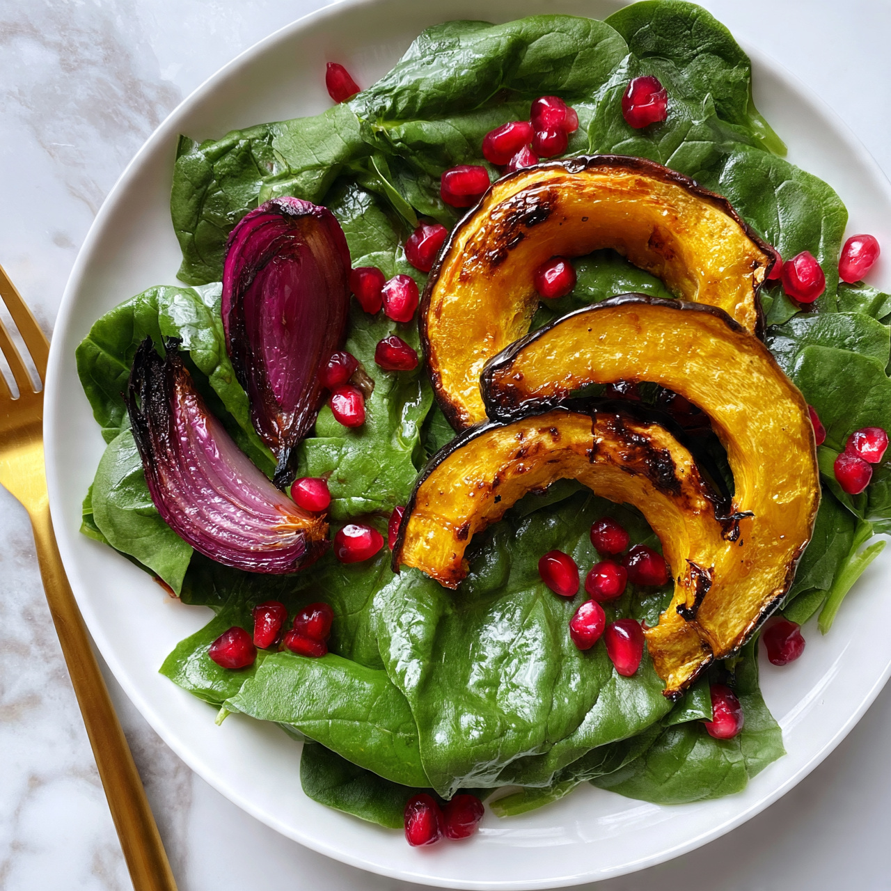 square image A white plate filled with fresh dark green spinach leaves as the base layer. On top and slightly to the right side, there are four curved pieces of golden-brown roasted squash with some dark caramelized edges. Near the left side are two wedge-shaped pieces of roasted red onion with a deep purple color and charred edges. Scattered around the plate are bright red pomegranate seeds adding a pop of color. A gold fork is placed on the left side of the plate resting partly on the white marbled surface. photo taken with an iphone --ar 4:5 --v 7
