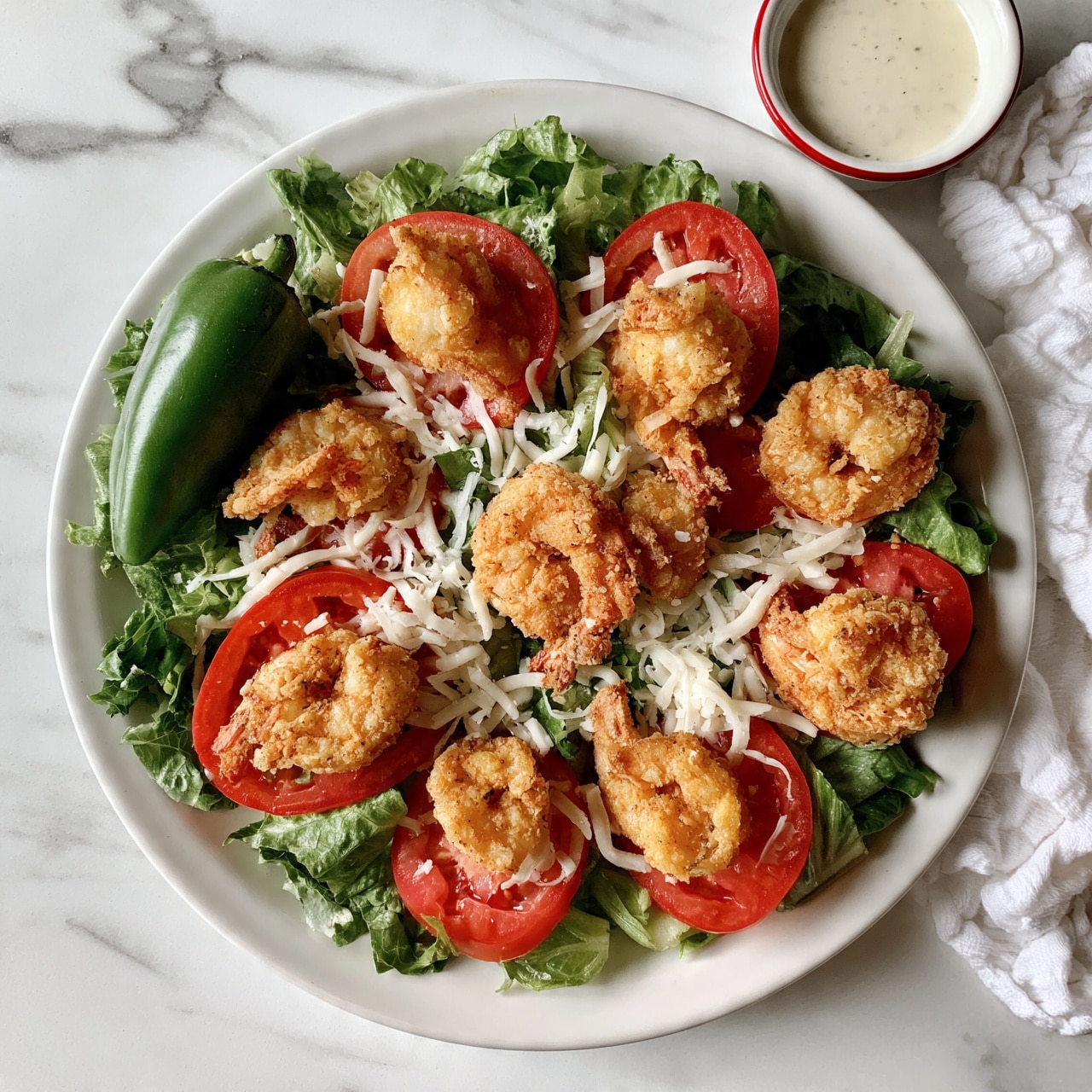 square image The image shows a white plate filled with a fresh salad on a white marbled surface. The salad has a base of green leafy lettuce, topped with bright red tomato slices, shredded white cheese, and several pieces of golden fried shrimp scattered evenly on top. A whole green pepper is placed among the greens on the left side. To the right of the salad plate, there is a small white bowl with a red rim filled with creamy dressing, next to a crumpled white cloth napkin. The lighting highlights the textures and colors clearly, photo taken with an iphone --ar 4:5 --v 7