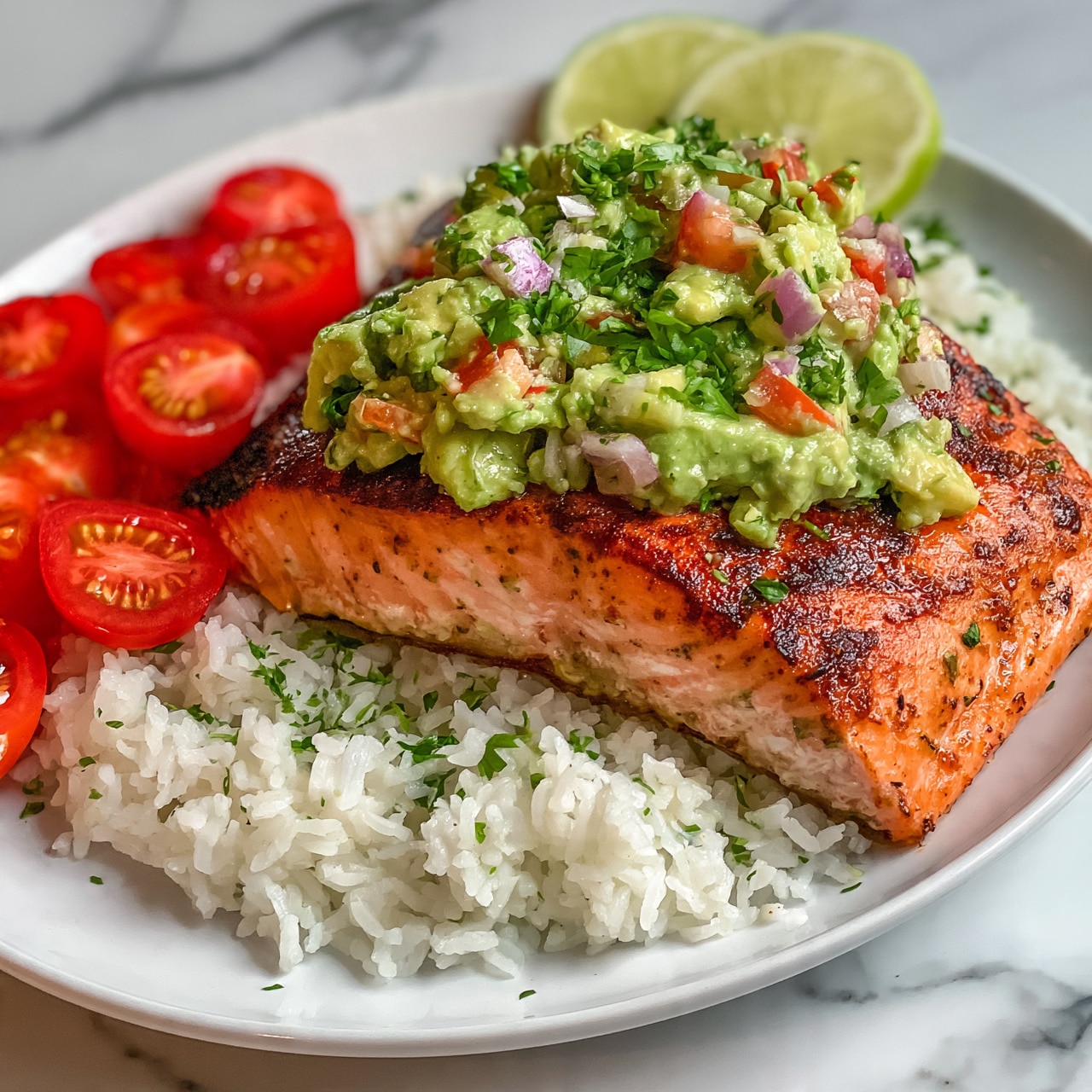 square image A white plate filled with a bed of fluffy white rice, sprinkled lightly with green herbs, serves as the base layer. On top sits a thick piece of grilled salmon with a reddish-brown charred surface. Over the salmon, there is a chunky avocado salsa mixed with diced red onions and chopped green herbs, creating a fresh, colorful topping. On one side, bright red halved grape tomatoes are placed neatly. Two lime slices with a light green color rest at the back edge of the plate. The entire scene is set on a white marbled surface. Photo taken with an iphone --ar 4:5 --v 7