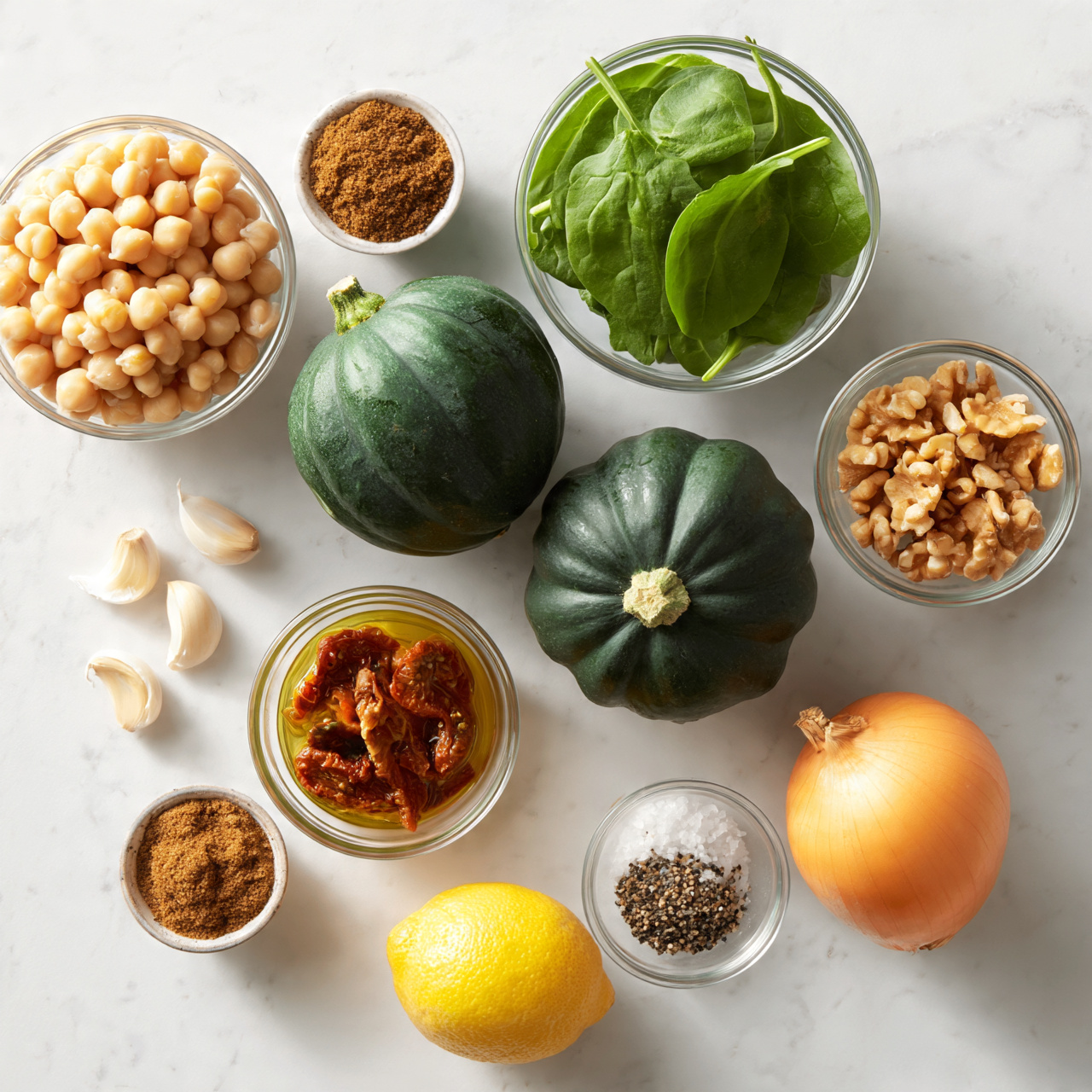 square image This image shows a collection of fresh ingredients on a white marbled surface. There are two whole green acorn squashes with a deep green color and smooth texture, placed near the center. Around them are several clear glass bowls holding different ingredients: one bowl filled with pale beige chickpeas, another with fresh, bright green spinach leaves, a smaller bowl with pieces of sun-dried tomatoes in oil, and a bowl containing light brown chopped walnuts. Nearby, there are three garlic cloves with white skins, a small bowl of ground brown spice, a small bowl with a mix of white salt and black pepper, a whole yellow lemon, and a whole onion with light orange skin. The arrangement is neat and brightly lit, showing natural colors and textures clearly. Photo taken with an iphone --ar 4:5 --v 7
