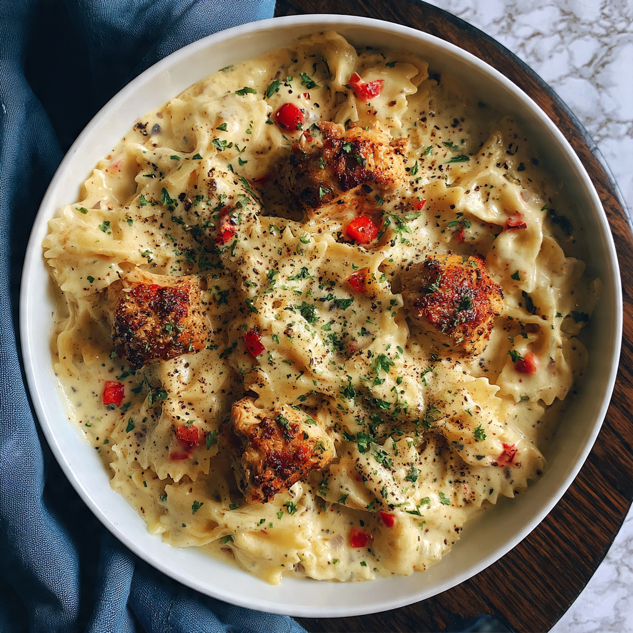 Parmesan Roasted Red Pepper Chicken Bowties in Garlic Cream Recipe