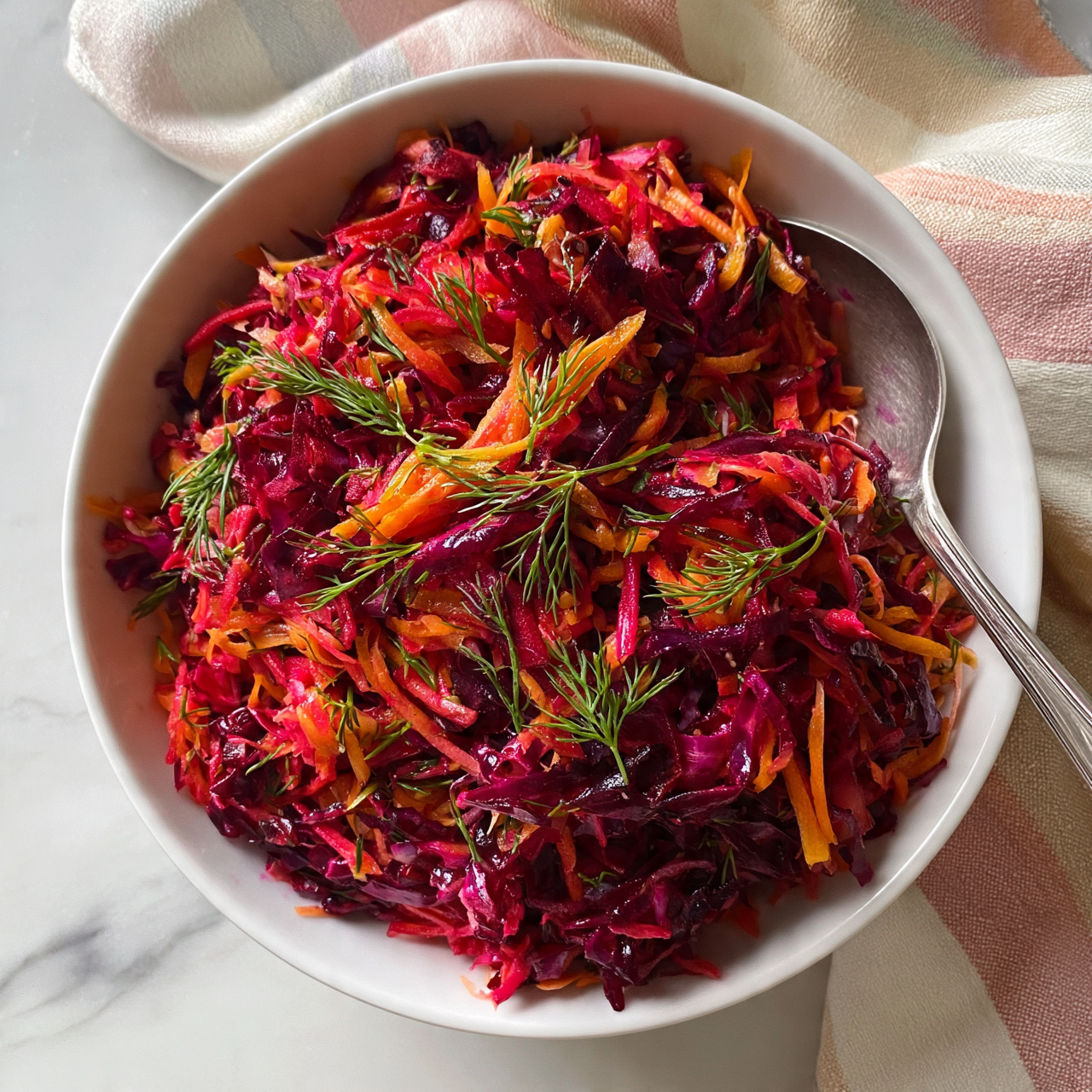 square image A white bowl filled with a colorful salad that has three main layers of shredded vegetables: bright red beets, orange carrots, and dark purple cabbage mixed together, topped with small green dill sprigs scattered across the top. A silver spoon rests inside the bowl on the right side, partially under the salad. The bowl sits on a white marbled surface next to a light cloth with soft pink, cream, and beige stripes. photo taken with an iphone --ar 4:5 --v 7