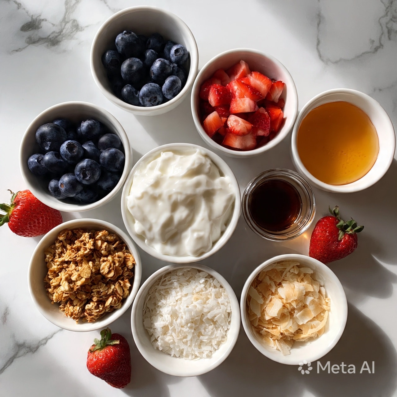 square image The image shows eight small white bowls arranged on a white marbled surface. One bowl holds whole blueberries, another contains chopped strawberries, and a third has a golden honey-like liquid. There is a bowl with thick white yogurt in the center, surrounded by a bowl of granola, a bowl of light-colored shredded coconut, and a small glass container with dark brown liquid, likely vanilla extract. Three whole strawberries are placed around the bowls, adding a touch of red color. The setup is bright and clean. Photo taken with an iphone --ar 4:5 --v 7