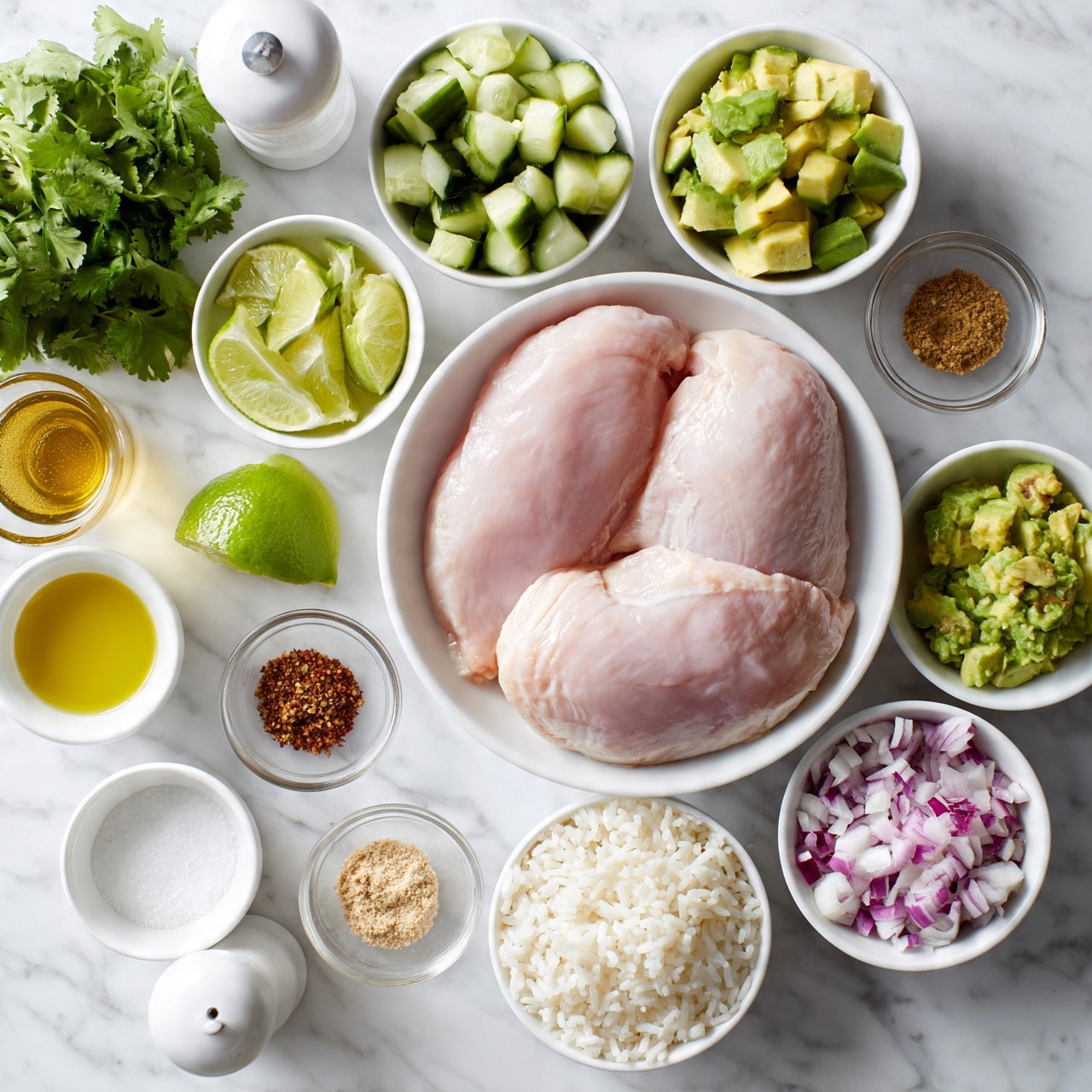 square image The image shows a flat lay of fresh cooking ingredients arranged neatly on a white marbled surface. At the center is a large white bowl holding two raw chicken pieces with a pale pink color and smooth texture. Around this are small white bowls containing chopped cucumber with light and dark green shades, diced avocado in green and yellow tones, cooked white rice with fluffy grains, and finely chopped red onion with purple and white hues. There is a small white bowl with lime wedges, bright green with a glossy finish. Three tiny clear glass bowls hold ground spices in brown, red, and beige colors. To the left is a bunch of fresh green cilantro, a small glass with a golden liquid, a white bowl with olive oil in yellow, a white bowl with salt, and a white pepper grinder. The whole scene looks clean, fresh, and ready for cooking. photo taken with an iphone --ar 4:5 --v 7