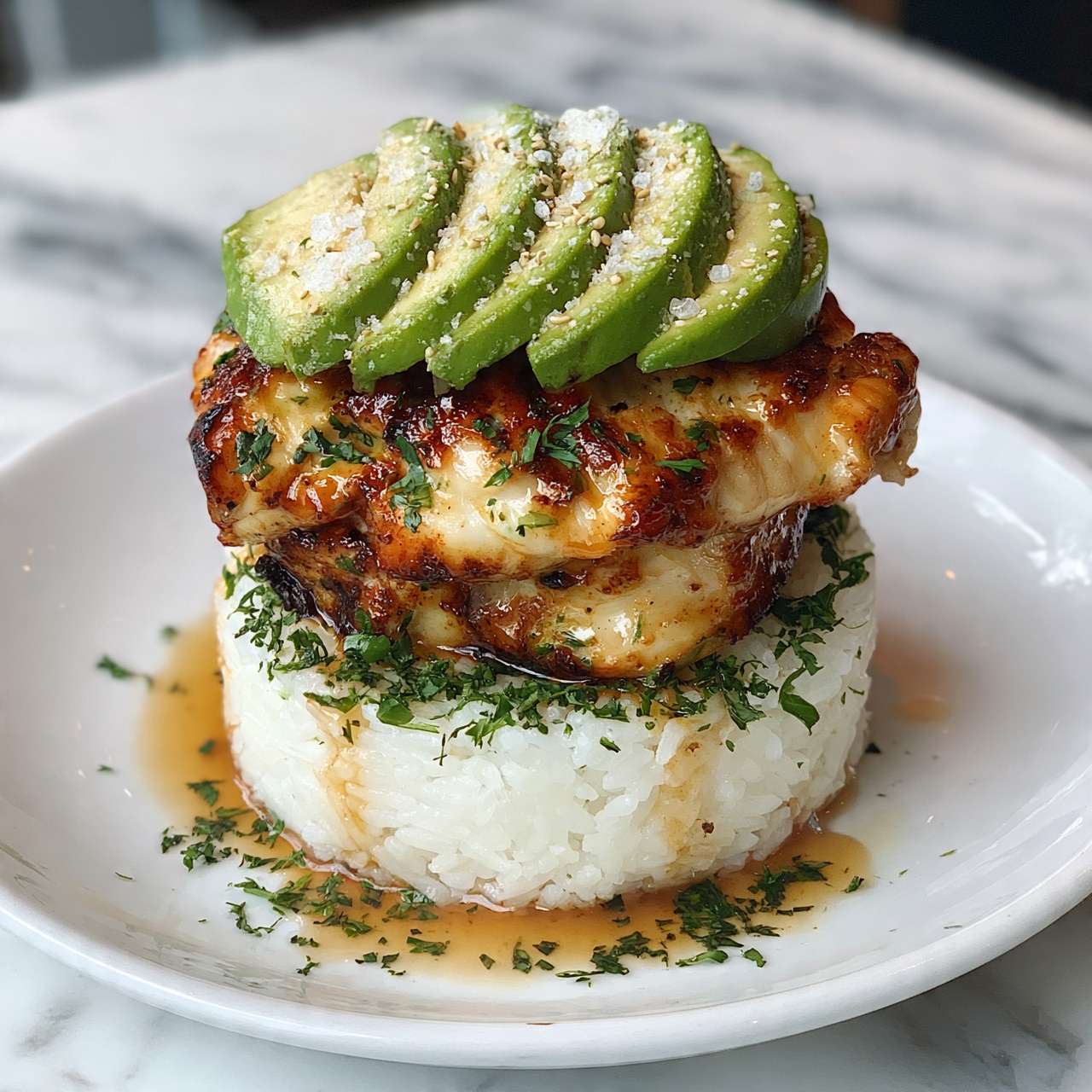 square image A white plate holds a three-layer stack with a white marbled surface underneath. The bottom layer is white rice shaped into a thick round mound with some chopped green herbs sprinkled on top and around it. Above the rice, there are two layers of browned grilled chicken pieces with a golden crisp texture, slightly shiny from a sauce, and garnished with finely chopped green herbs. The top layer is several slices of fresh avocado arranged neatly in a fanned-out pattern, sprinkled lightly with sesame seeds and coarse salt. There is a light brown sauce drizzled around the base of the rice, adding a glossy finish. photo taken with an iphone --ar 4:5 --v 7
