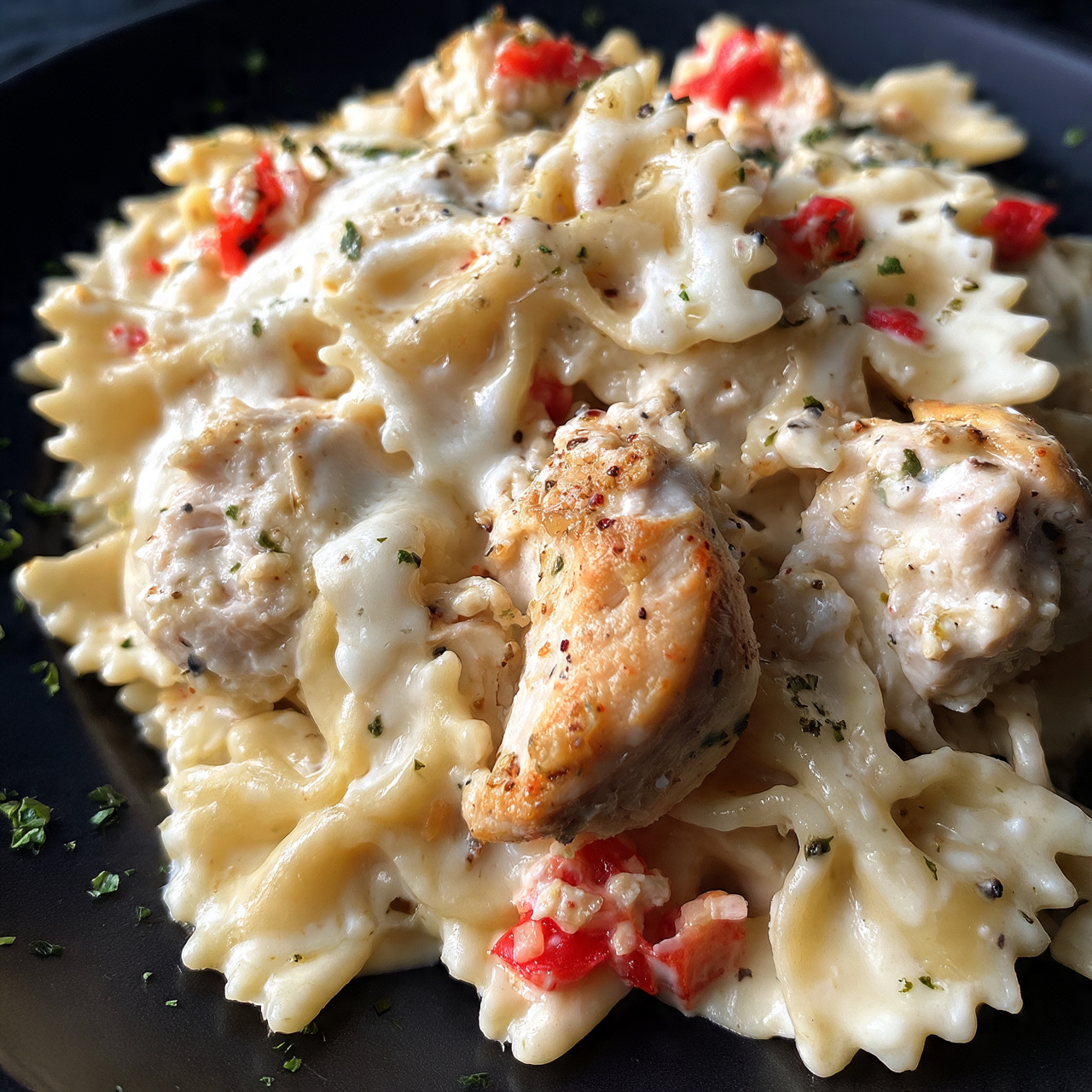 square image The dish shows a close-up of bow-tie pasta mixed with chunks of white chicken pieces and red bell pepper bits, all covered in a creamy sauce with small specks of green herbs sprinkled on top. The cheese melted over the pasta adds a light, slightly browned texture with visible small bubbles. The pasta looks soft with well-defined edges, and the chicken pieces are lightly browned with a tender texture. The mixture sits on a black surface that contrasts with the creamy sauce and bright colors of the ingredients, and the scattered green herb pieces add a fresh look. photo taken with an iphone --ar 4:5 --v 7