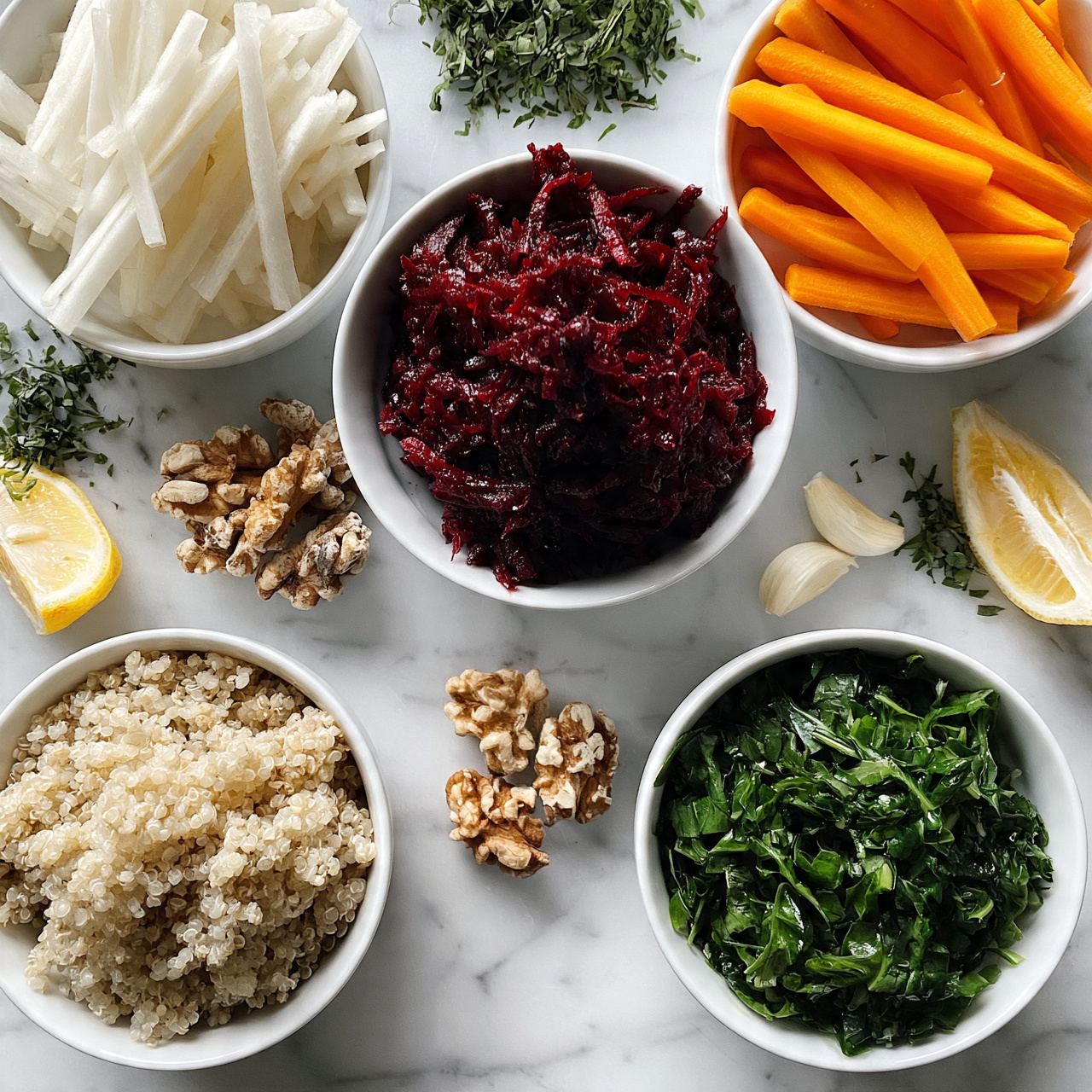 square image The image shows six white bowls arranged on a white marbled surface with various fresh ingredients. The top left bowl contains thinly sliced white vegetable strips, possibly jicama or radish. To the top right is a bowl filled with bright orange carrot sticks. Below that, the largest white bowl is full of deep red shredded beetroot that looks moist and fresh. On the bottom left is a bowl with cooked light brown quinoa grains, fluffy in texture. Next to it is a bowl with chopped green leafy vegetables, like kale or spinach. The smallest bowl in the middle holds whole walnut pieces with a rough texture. Scattered around the bowls are fresh herbs, two lemon wedges, and two peeled garlic cloves. Photo taken with an iphone --ar 4:5 --v 7