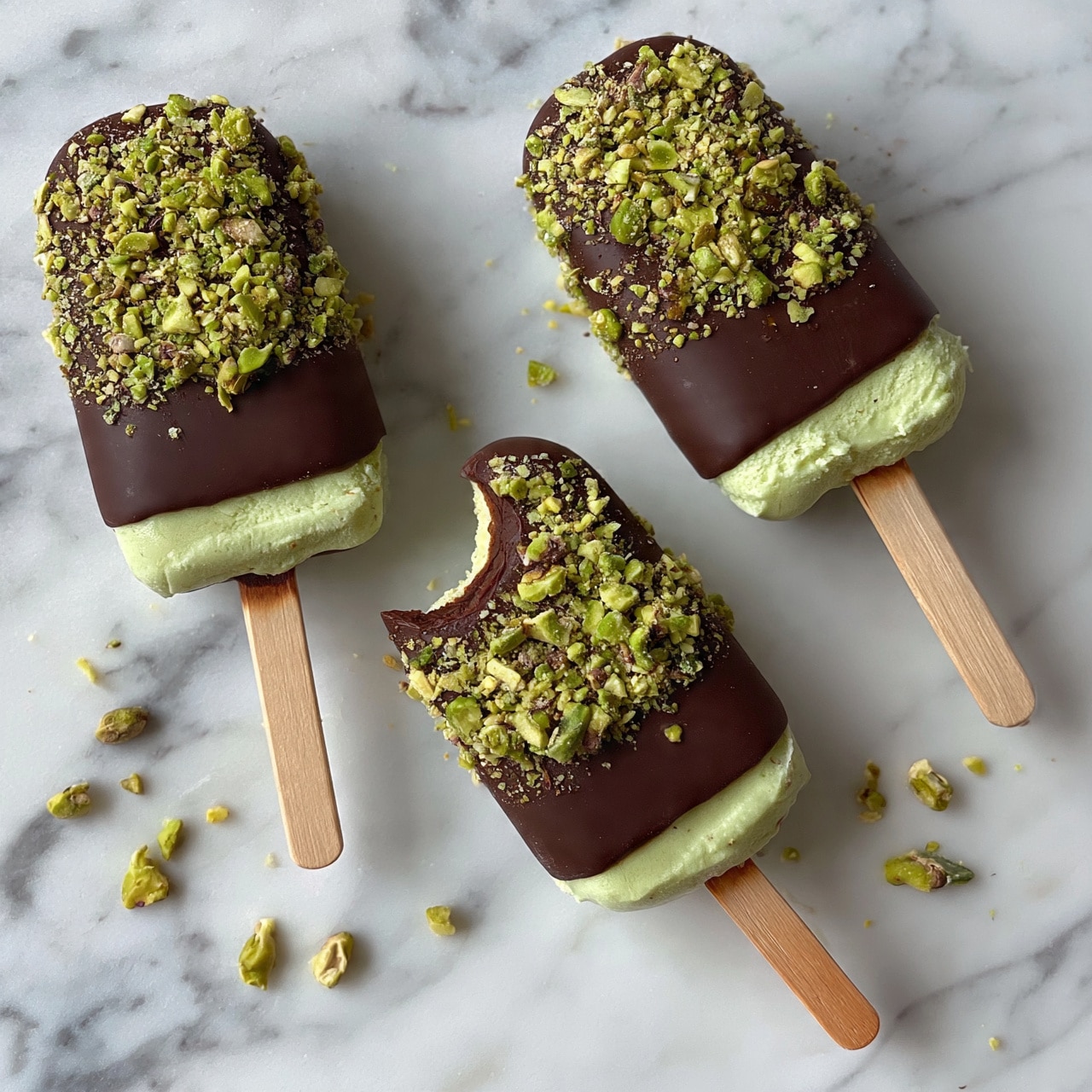 square image The image shows four ice cream bars on sticks placed on a white marbled surface. Each bar has a smooth dark brown chocolate coating with a topping of chopped green pistachio nuts. One ice cream bar is bitten on one end, revealing a creamy light green pistachio ice cream inside. There are some pistachio pieces scattered around the bars on the white marbled surface. The image captures the rich contrast between the dark chocolate layer, the pale green ice cream, and the bright green pistachio bits. photo taken with an iphone --ar 4:5 --v 7