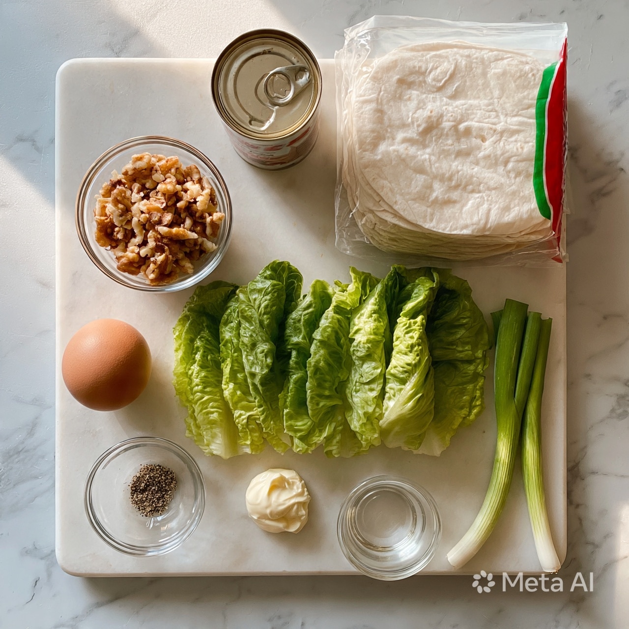square image The image shows ingredients for a dish laid out on a white marbled surface. There is one brown egg placed on the left side, next to a small glass bowl of chopped walnuts. Above the walnuts is an unopened can of tuna. To the right is a stack of white flour tortillas in clear packaging with a red and green label. Below the walnuts are four green romaine lettuce leaves arranged in a neat row. To the right of the lettuce are two green onions with white ends. Below the egg is a small clear bowl with a pinch of black pepper. Next to it is a tablespoon of mayonnaise, and below that is a small glass bowl containing a clear liquid. Everything is spaced evenly and neatly placed photo taken with an iphone --ar 4:5 --v 7