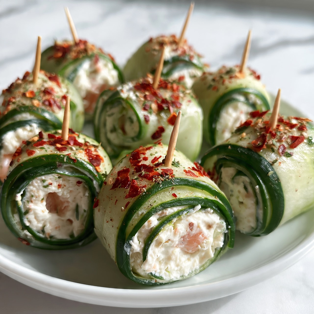 square image The image shows small rolls made with thin slices of cucumber forming the outer green layer, curled tightly and fixed with toothpicks. Inside each roll, there is a white creamy cheese layer mixed with small pieces of pink salmon. On top, the rolls are sprinkled with red chili flakes and tiny herb pieces, giving a pop of red and green color against the white cheese. The rolls are arranged on a white dish placed on a white marbled surface, creating a fresh and clean look. photo taken with an iphone --ar 4:5 --v 7