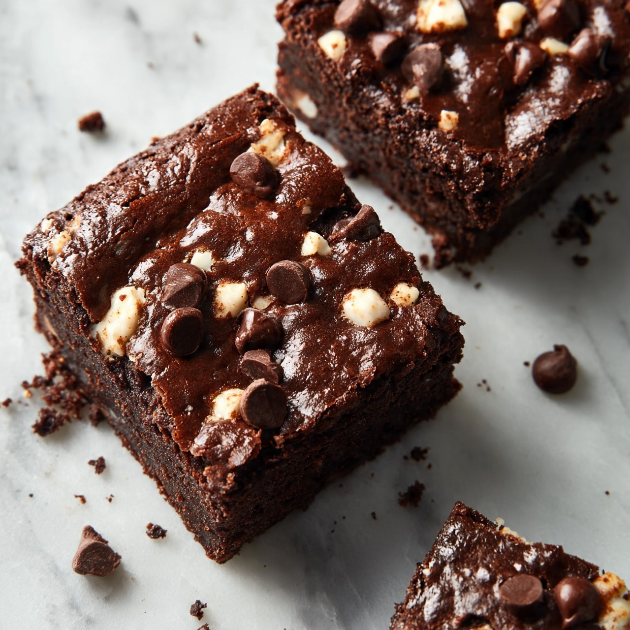 square image The image shows a close-up of dark chocolate brownies with two large rectangular pieces in the center and a small piece at the bottom right. The brownies have a rich, glossy dark brown surface filled with scattered white chunks and dark chocolate chips on top, creating a textured look. The edges of the brownies are sharp, and a few crumbs and chocolate chips sit around them on a white marbled surface. The lighting highlights the crumbly but moist texture of the brownies. photo taken with an iphone --ar 4:5 --v 7