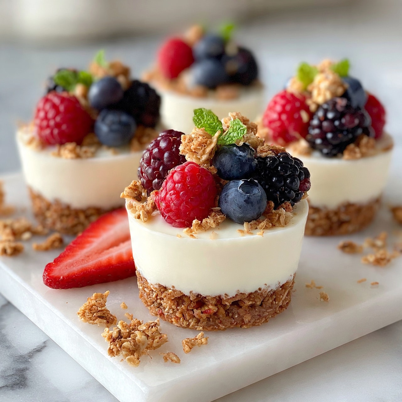 square image Three small cheesecake cups are arranged on a white marbled surface. Each cup has three layers: a bottom layer of crushed brown granola with a crumbly texture, a middle layer of smooth white cream cheese filling, and a top layer of fresh fruits and granola. The fruits include red raspberries, dark blueberries, blackberries, and half of a sliced red strawberry placed nearby. Tiny green mint leaves add a fresh touch on top of the berries. Some granola pieces are sprinkled around each cheesecake cup on the surface. The light background is blurred softly behind the desserts, focusing on the colorful fruits and textures. Photo taken with an iphone --ar 4:5 --v 7