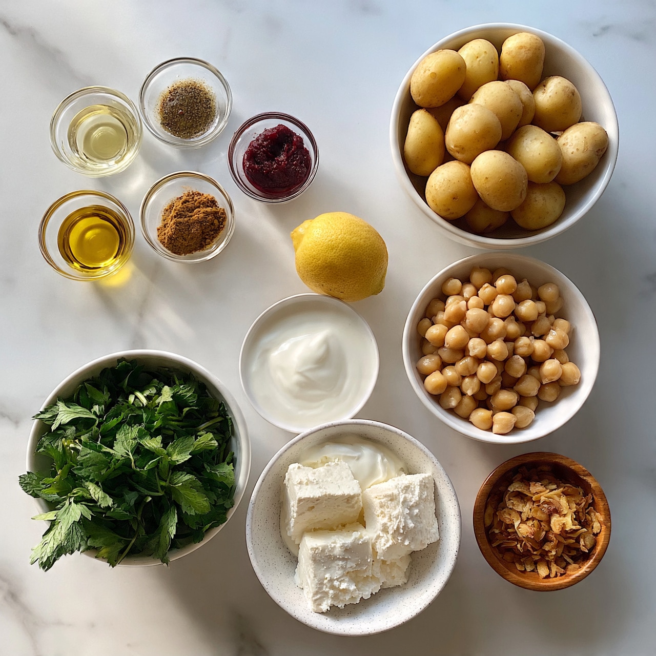 square image The image shows several clear glass bowls and white bowls arranged neatly on a white marbled surface. Starting from the top right, there is a white bowl filled with light brown potatoes. Below that, a white bowl holds beige chickpeas. To the lower right of the chickpeas, there is a small wooden bowl with light brown fried onions. Near the center bottom, a white bowl contains thick white yogurt or sauce. A white speckled bowl holds two blocks of white cheese with a crumbly texture. Several small glass bowls with different spices and liquids are visible in the top left, including yellow oil, a darker oil, brown powder, and a deep red paste. A whole yellow lemon sits near the center of the image. Near the left bottom, a white bowl contains fresh green leafy herbs like mint and parsley. The background surface is white and marbled, and the image is bright with natural light. photo taken with an iphone --ar 4:5 --v 7