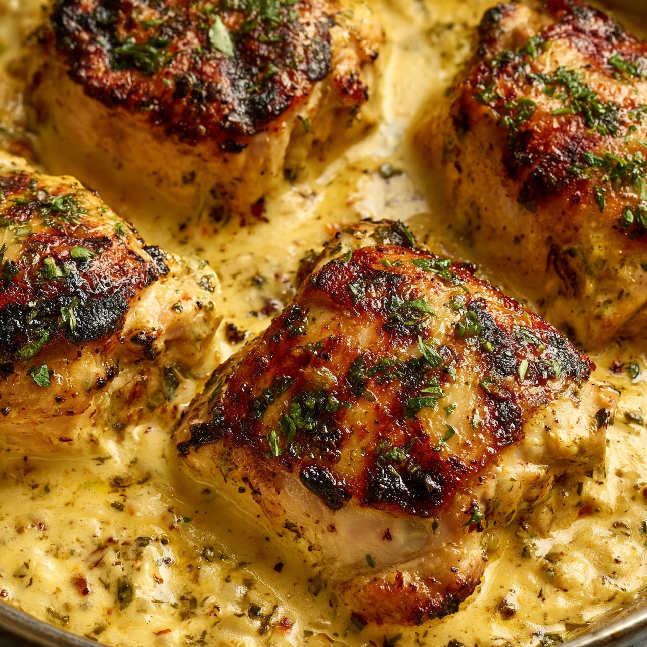square image The image shows four large pieces of grilled chicken thighs cooking in a shallow pan filled with a thick, creamy orange sauce. Each chicken piece has a golden brown surface with dark char marks and specks of green herbs scattered on top. The sauce around the chicken is rich and creamy, with visible bits of herbs and spices mixed throughout, creating a textured look. The pan edges and background are not visible, focusing closely on the chicken and sauce itself. photo taken with an iphone --ar 4:5 --v 7