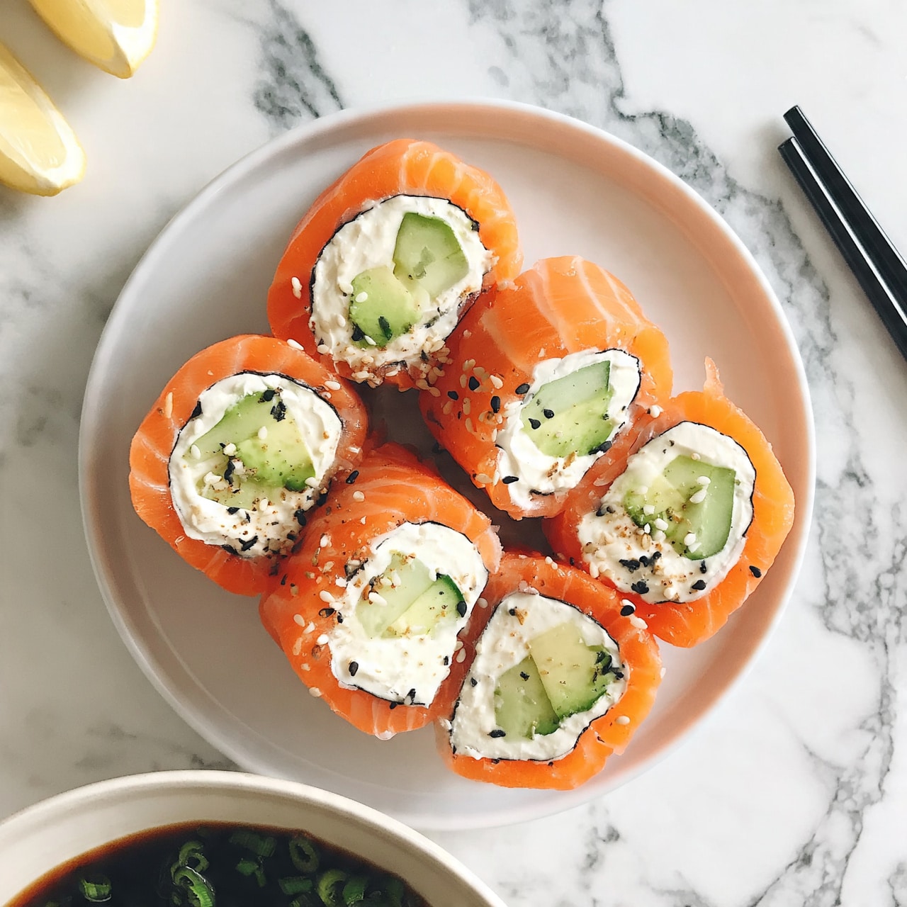 square image The image shows several pieces of sushi arranged on a round white plate placed on a white marbled surface. Each sushi piece has three visible layers: a bright orange outer layer of slices of salmon, a middle layer of white creamy cheese spread, and an inner layer filled with light green chunks of cucumber and avocado. Some pieces are sprinkled lightly with black and white sesame seeds and small bits of seasoning. In the top left corner, there are two lemon wedges on a white marbled surface, and part of a bowl of dark soy sauce with chopped green onions is visible at the bottom. There is a pair of black chopsticks resting to the right on the white marbled texture. photo taken with an iphone --ar 4:5 --v 7