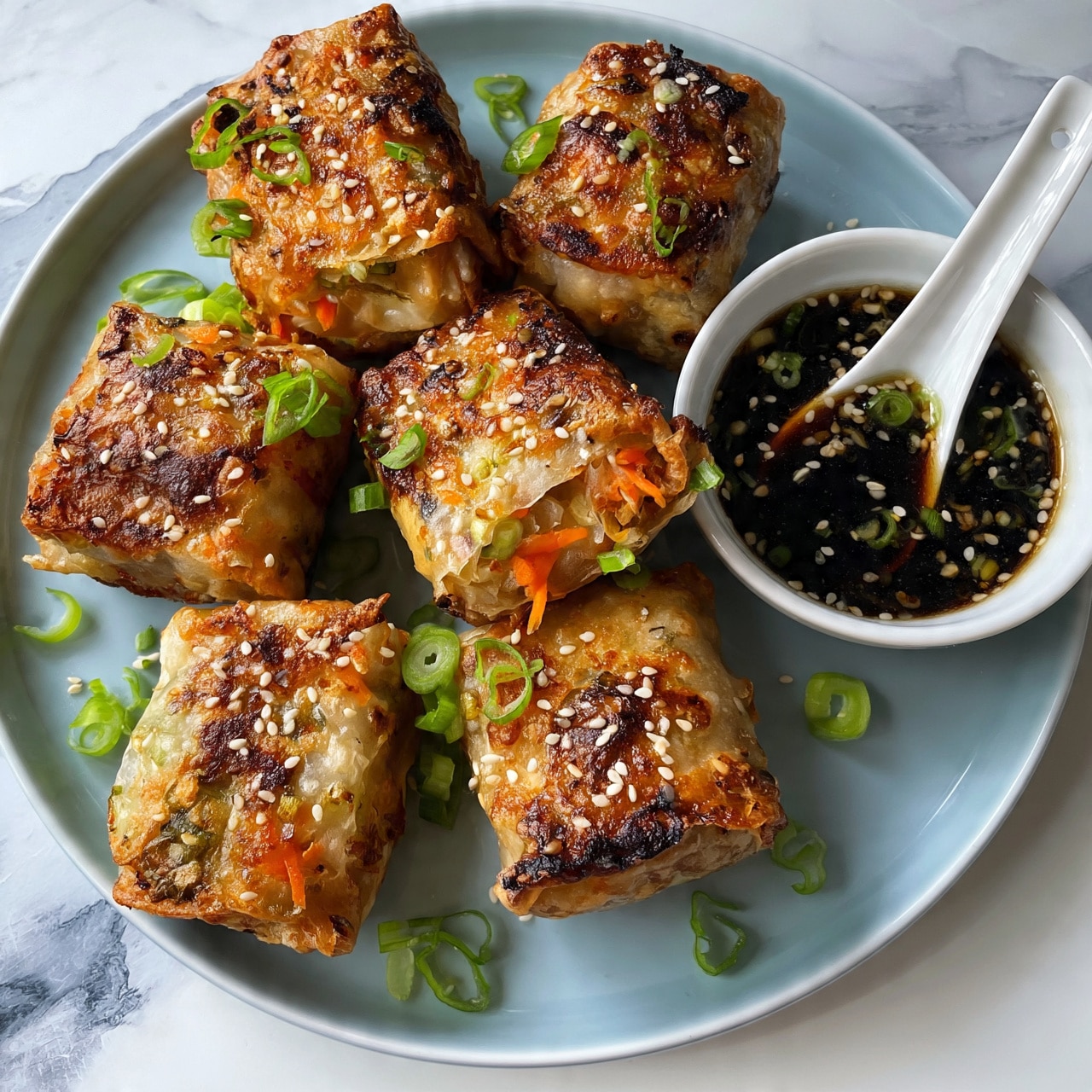 square image Six golden-brown square spring rolls with crispy, slightly charred patches show shredded orange carrot and green onion pieces inside translucent wrappings, sprinkled with white sesame seeds and sliced green onions scattered on and around them; a small white ceramic spoon rests in a round white bowl filled with dark dipping sauce dotted with sesame seeds and green onion slices, all placed on a light blue plate with a white marbled surface underneath photo taken with an iphone --ar 4:5 --v 7