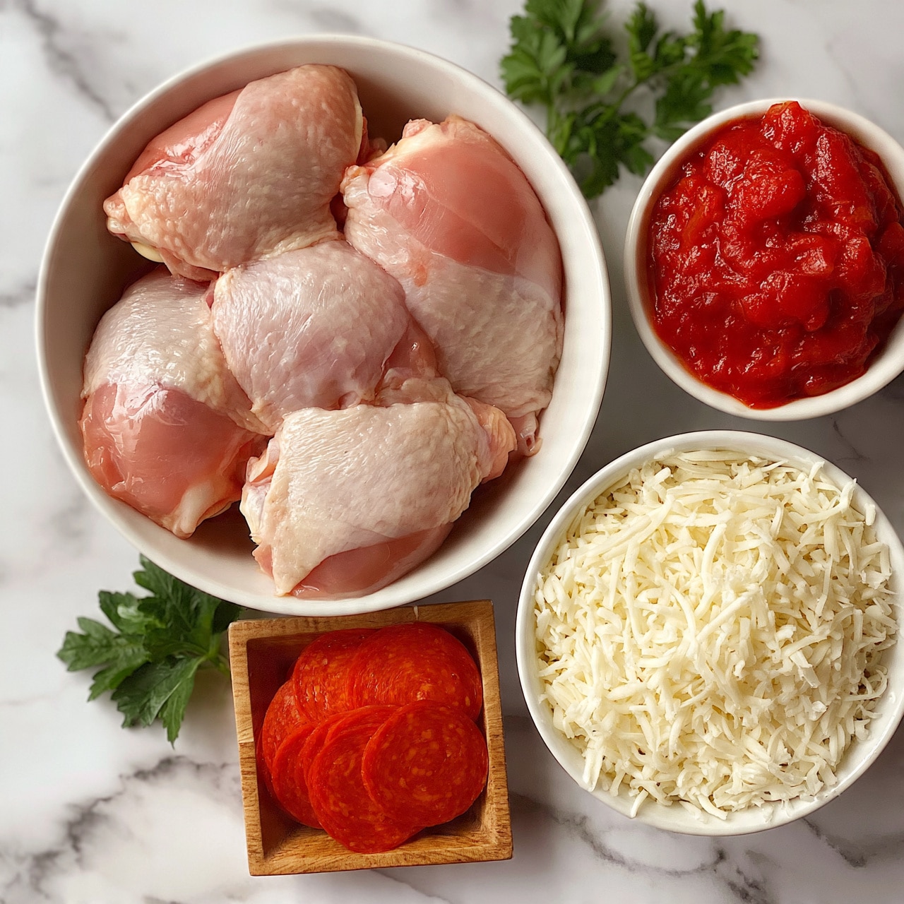 square image The image shows five pieces of raw pale pink chicken thighs placed in a white bowl on a white marbled surface. To the right, a small white bowl filled with bright red tomato sauce sits next to a larger white bowl full of shredded white cheese. Below, a small square wooden dish holds several round slices of bright red pepperoni. Fresh green parsley leaves are scattered around the bowls, adding a fresh touch. The arrangement is neat, and the colors pop well against the white marbled background. Photo taken with an iphone --ar 4:5 --v 7