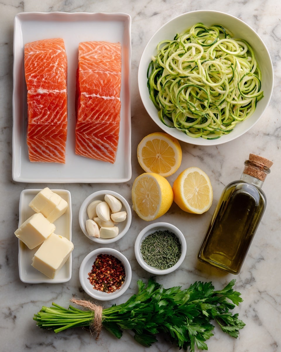 The image shows neatly arranged ingredients on a white marbled surface. At the top left, there is a white rectangular plate holding two pieces of fresh, bright orange salmon with visible white lines. Below it, a white bowl is filled with green spiralized zucchini noodles. To the right of the salmon, two lemon halves are placed with their yellow pulp visible. Next to the lemons, a small white bowl holds several white garlic cloves. Below the garlic, there are two white sticks of butter aligned horizontally. To the right of the butter, small white bowls contain green dried herbs and red chili flakes, each with a small brown spoon. A large dark green glass bottle of olive oil with a cork beside it is positioned at the far right. In the bottom center, a small bunch of fresh green parsley is tied together with a string. Photo taken with an iphone --ar 4:5 --v 7
