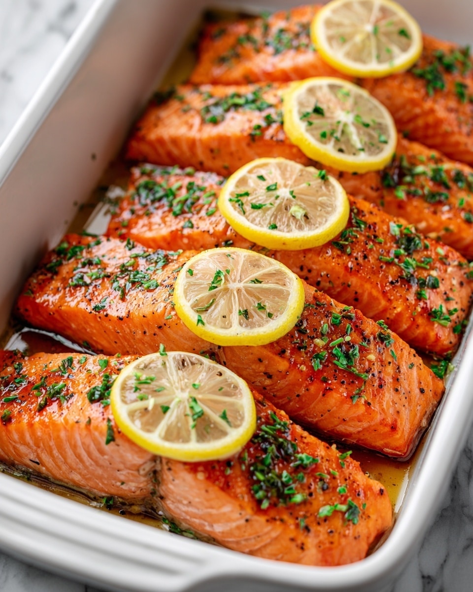 The image shows several pieces of cooked salmon arranged closely in a white dish, each fillet displaying a bright orange color with a slight glaze and black pepper visible on the surface. Each piece is garnished with finely chopped green herbs scattered evenly across the fish. On top of the salmon fillets, there are thin, circular slices of lemon with pale yellow skin and translucent light yellow inside, placed in a neat line from top to bottom. The dish is placed on a white marbled surface, and the lighting accentuates the glossy texture of the cooked salmon and the freshness of the herbs and lemon slices. Photo taken with an iphone --ar 4:5 --v 7