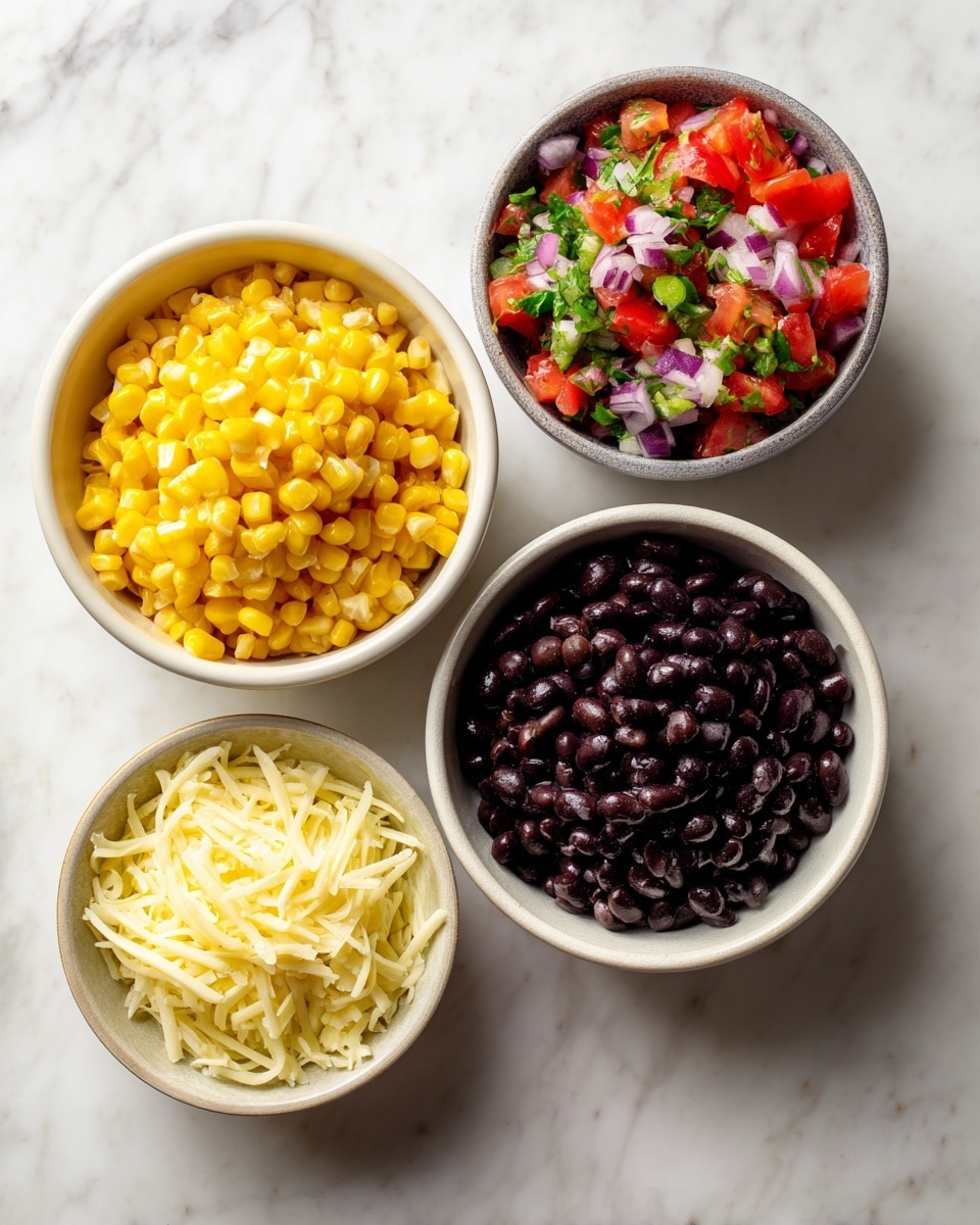 Four white bowls are arranged on a white marbled surface. The largest bowl in the bottom right holds a heap of cooked black beans with a glossy texture. To the left, another large bowl is filled with bright yellow corn kernels that look fresh and shiny. Above the corn, a smaller bowl contains a colorful salsa made of diced red tomatoes, green herbs, and bits of red onion, giving a mix of red, green, and purple hues. To the right of the salsa, a small bowl is packed with pale yellow shredded cheese, its thin strands looking soft and fresh. photo taken with an iphone --ar 4:5 --v 7