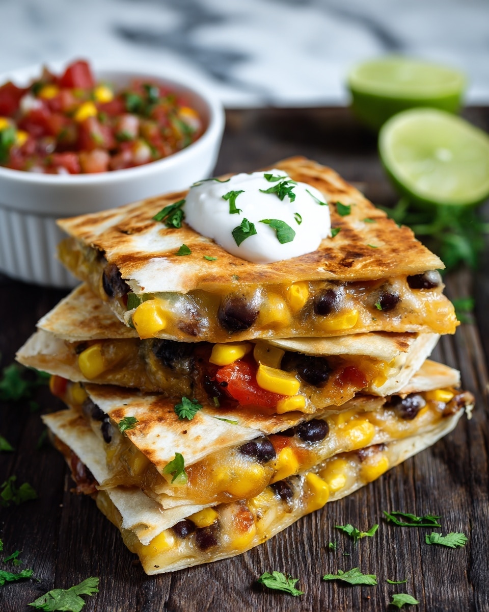 A stack of three golden brown quesadilla triangles shows melted yellow and white cheese mixed with black beans, green bell pepper pieces, and corn inside each layer. The top quesadilla has a small dollop of white sour cream with fresh green chopped cilantro scattered on it and around the stack. In the background, there is a white bowl filled with colorful chunky salsa, and a halved lime is visible, all placed on a dark wooden surface with a white marbled texture blurred behind. photo taken with an iphone --ar 4:5 --v 7