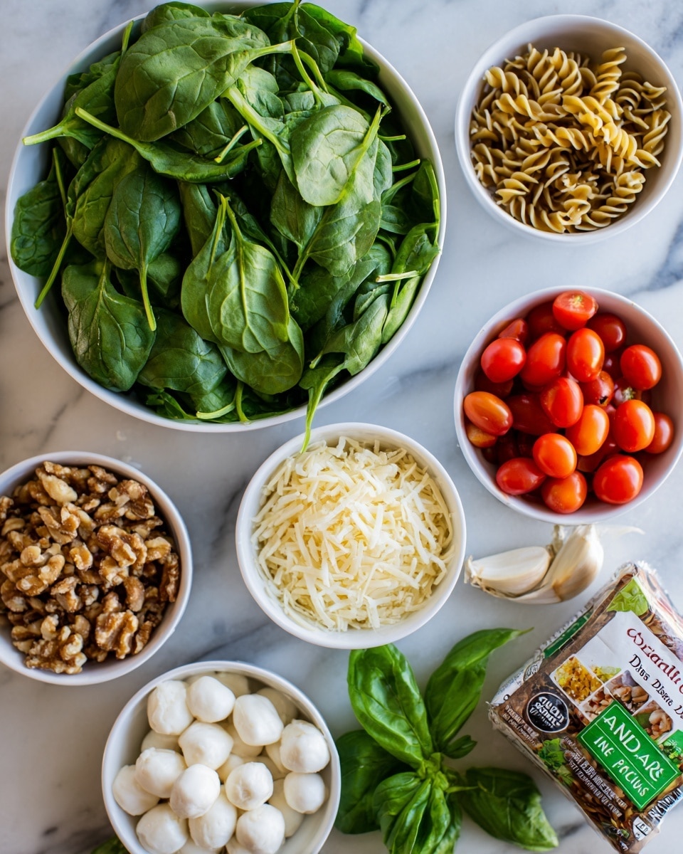 A white bowl filled with fresh green spinach leaves is at the top center, surrounded by smaller white bowls containing different ingredients: golden and red cherry tomatoes at the bottom left, white mozzarella balls at the bottom center, chopped walnuts at the left middle, grated cheese at the top right, and two garlic cloves next to it. A packet of Andean Dream organic fusilli pasta with rice and quinoa rests in the middle right, partially overlapping the bowls. Fresh basil sprigs lie next to the mozzarella bowl on a white marbled surface. Photo taken with an iphone --ar 4:5 --v 7