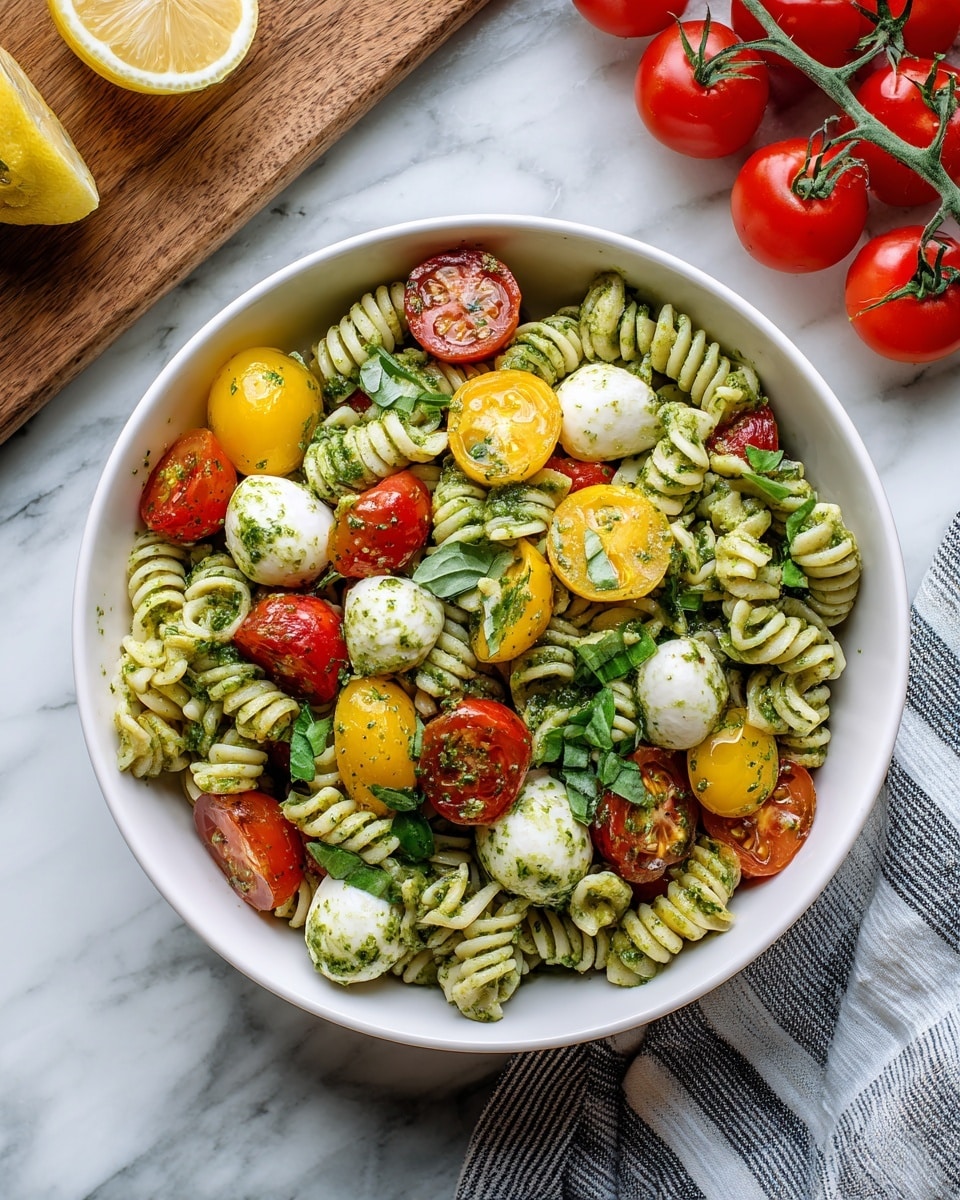 A white bowl filled with a colorful salad sits on a white marbled surface, showing three main layers: the bottom layer is short spiral pasta coated in green pesto sauce, the middle layer includes halved cherry tomatoes in bright red and yellow colors, and the top layer has small white mozzarella balls mixed with chopped green basil leaves and bits of pesto. The salad looks fresh with a mix of smooth pasta, juicy tomatoes, and soft cheese all tossed evenly. Red tomatoes on a vine and a lemon wedge are in the top left corner on a wooden board, and a striped gray and white cloth is on the right side. Photo taken with an iphone --ar 4:5 --v 7