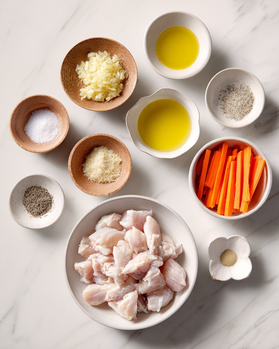 The image shows a top-down view of several small white bowls and two small wooden dishes arranged neatly on a white marbled surface. The largest white bowl at the bottom center holds many small, raw, pale pink chicken pieces. Above it and to the right are a white bowl with bright orange carrot sticks and a small flower-shaped white bowl filled with yellow olive oil. Between them and above the chicken bowl are more small white bowls containing pale yellow minced garlic, a clear light yellow liquid, and a darker liquid that could be soy sauce. The wooden bowls hold white salt and finely ground black pepper. There are also small white bowls with ginger powder, some kind of thick white ingredient, and clear water. The colors are fresh and bright, with a clean and simple feel. photo taken with an iphone --ar 4:5 --v 7