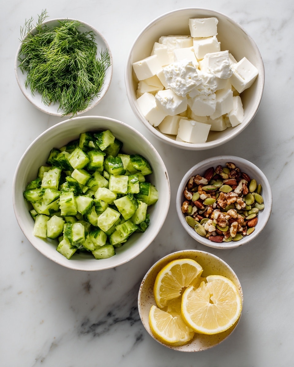 The image shows four white bowls arranged on a white marbled surface. The largest bowl at the bottom center holds bright green chopped cucumbers with a fresh, crisp texture. Above it to the right is a medium white bowl filled with creamy white cubes of cheese, stacked casually. To the far right is a small white bowl containing mixed nuts and seeds with natural earth tones of brown and green. At the top left is another small white bowl holding fresh green dill sprigs, and next to it is a white bowl with two lemon halves, one showing the yellow juicy flesh. Photo taken with an iphone --ar 4:5 --v 7