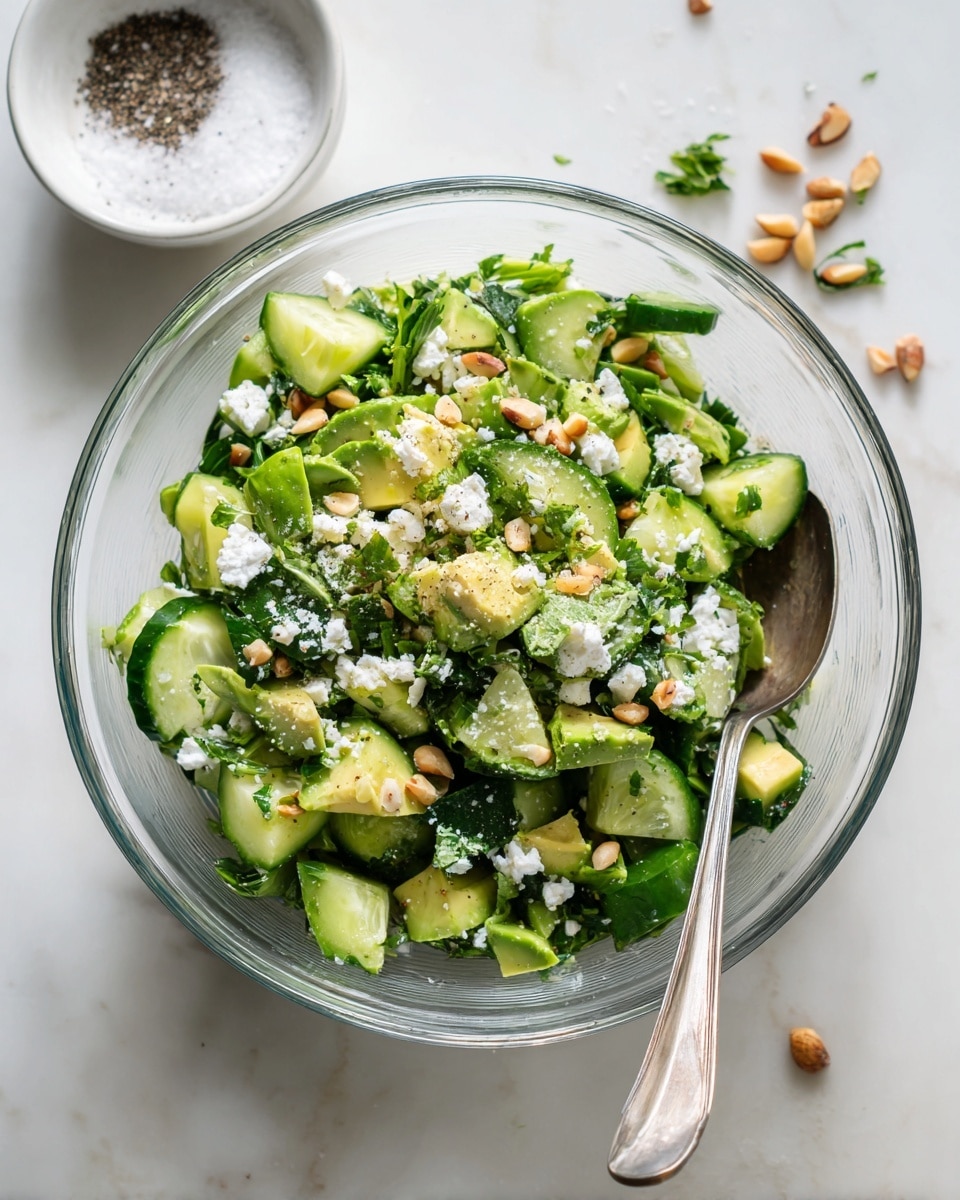 A clear glass bowl filled with a fresh mixed salad. The salad has bright green cucumber pieces, chopped avocado chunks, small green herbs, and scattered white crumbly cheese. There are also a few brown nuts spread on top. A silver spoon is placed inside the bowl on the right side. In the background, there is a small white bowl with salt and black pepper next to it, all on a white marbled surface. Photo taken with an iphone --ar 4:5 --v 7