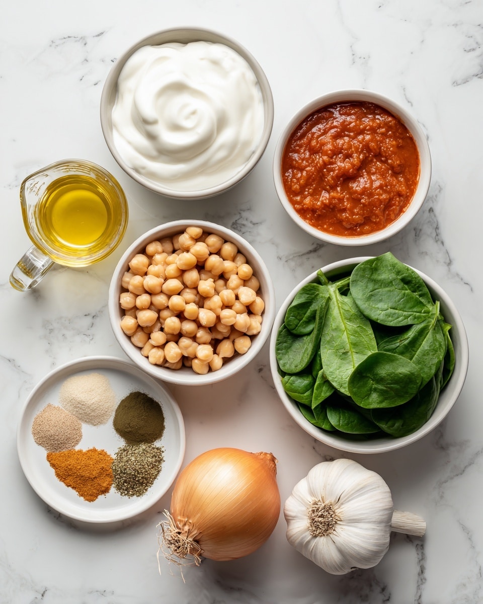 The image shows a white marbled surface with eight items arranged in a loose circle. At the top center, there is a white bowl filled with smooth white yogurt. To the right of it, there is a white bowl with bright red tomato sauce. Below that, there is a whole garlic bulb. At the bottom right, there is a white bowl filled with fresh green spinach leaves. To the left of that bowl, there is a transparent measuring cup with light yellow broth. Above the broth, there is a small white plate with three different powdered spices in separate piles: a greenish brown, a beige, and a reddish-orange. At the center, there is a white bowl filled with light brown chickpeas. Finally, to the left of the chickpeas, there is one whole yellow onion with skin intact. Photo taken with an iphone --ar 4:5 --v 7