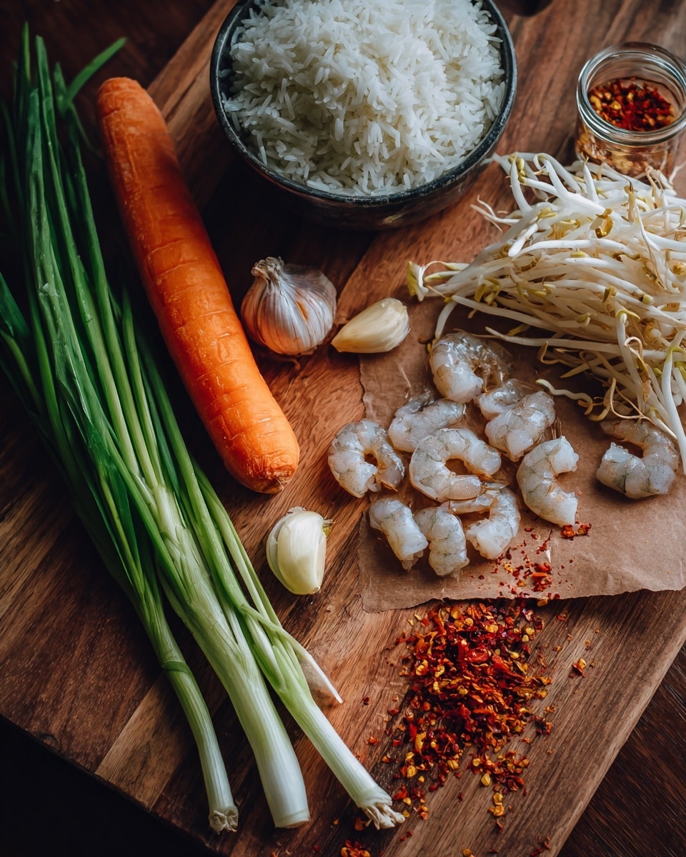 The image shows a wooden board with several ingredients placed on it. On the left, there are three long green onions and one whole bright orange carrot next to a small peeled garlic bulb. A dark bowl filled with fluffy white rice sits near the top left. In the center on the board is a pile of fresh bean sprouts. On the right side, a brown paper holds raw shrimp with shells on, some spilling onto the board next to it. There is also a clear spice jar tipped over near the top right, with red chili flakes spilled out. The photo is taken with an iphone --ar 4:5 --v 7