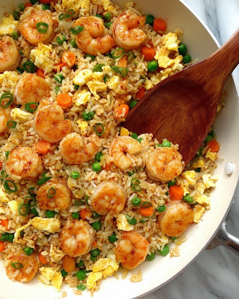 A close-up of a white pan filled with fried rice mixed with orange shrimp, yellow scrambled egg pieces, bright orange carrot cubes, green peas, and chopped green onions, all lightly seasoned and mixed together with a wooden spoon resting in the pan surrounded by the colorful ingredients. The background shows a white marbled surface. photo taken with an iphone --ar 4:5 --v 7