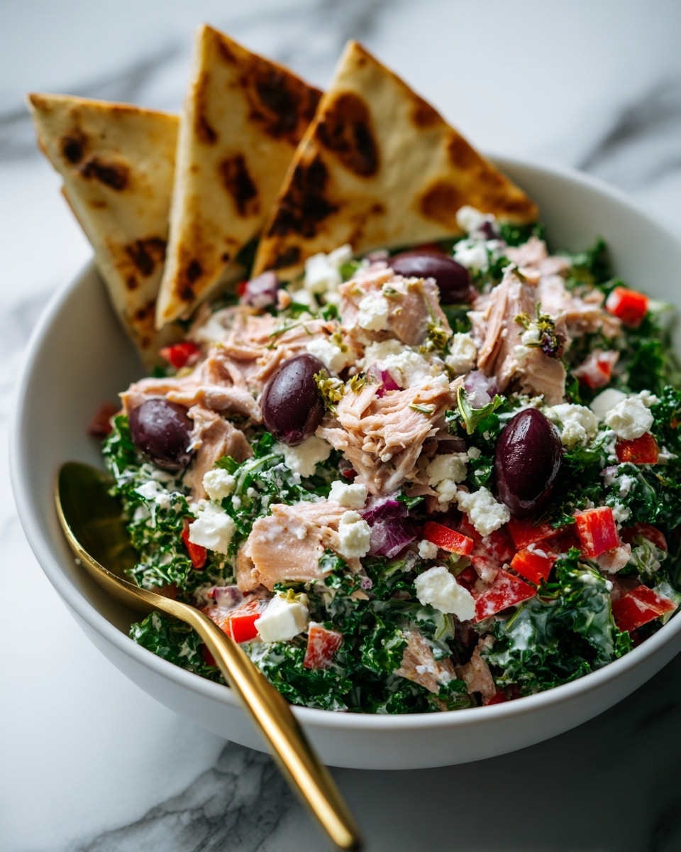 A white bowl filled with a colorful salad showing about four layers: a base of chopped green kale, mixed with red diced bell peppers and white crumbled feta cheese scattered on top, dark purple whole olives adding contrast, and chunks of light pink tuna resting near the center. The salad is lightly drizzled with white creamy dressing. Two triangular pieces of toasted flatbread with brown spots lean inside the side of the bowl, complementing the salad. The bowl sits on a white marbled surface with a gold spoon resting inside. Photo taken with an iphone --ar 4:5 --v 7