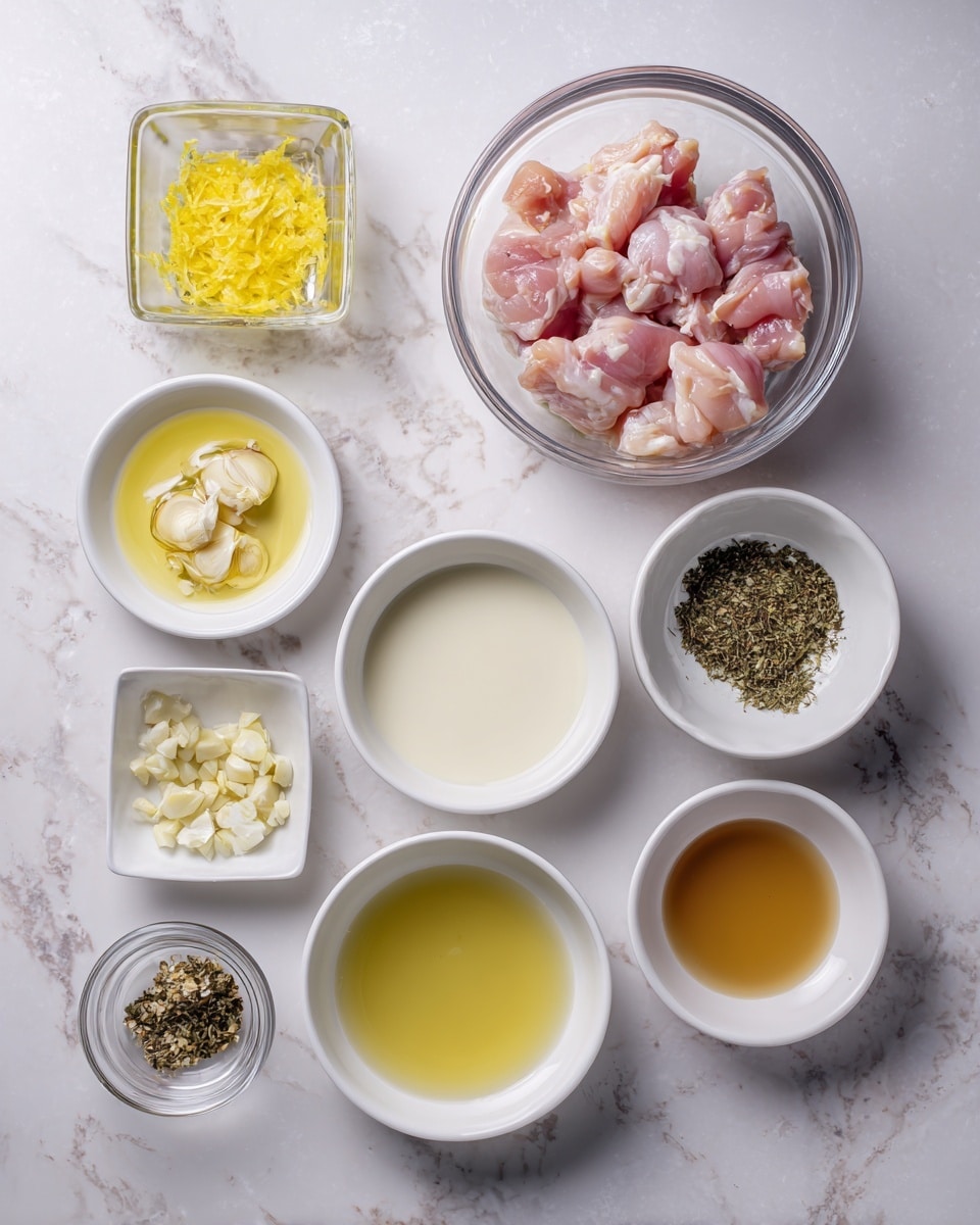 The image shows nine white bowls with different ingredients placed on a white marbled surface. Starting from the top right, there is a clear glass bowl filled with raw pink chicken pieces. Moving left, a small square bowl holds bright yellow lemon zest. Below it, a round bowl contains thick white sauce. Next to it, a small bowl holds a light yellow liquid. A larger round bowl is filled with a pale yellow to light brown liquid. At the bottom left, a small bowl contains minced garlic. Near the center, a small round bowl holds a clear liquid. To the right of that, a small square bowl contains mixed dried green herbs and black pepper. On the far right, a small round bowl has a light brown liquid. The layout is neat and evenly spaced. photo taken with an iphone --ar 4:5 --v 7