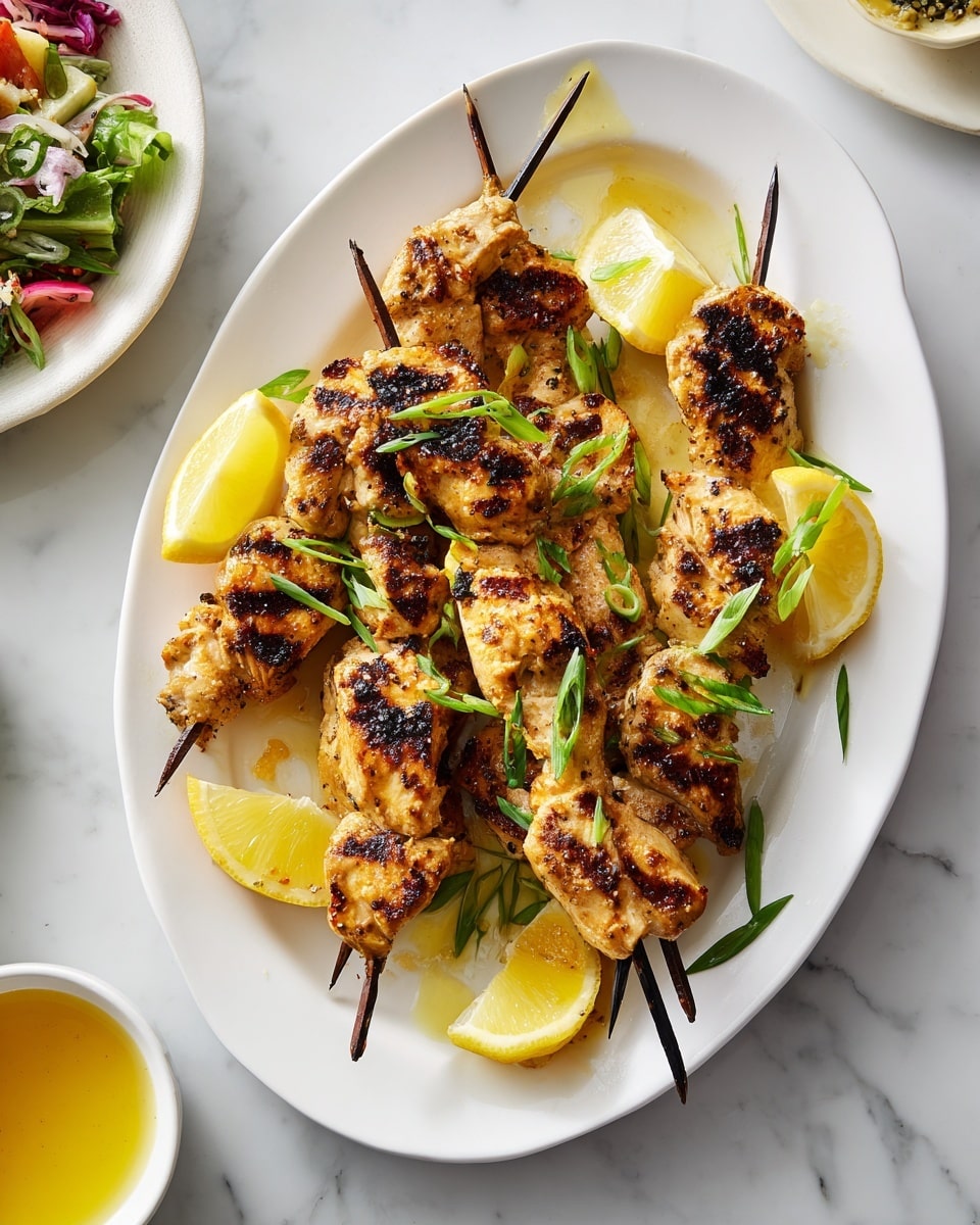 A white oval plate filled with nine grilled skewers of golden brown chicken pieces, each piece showing charred grill marks with a slightly crispy texture. Bright yellow lemon wedges are spread evenly on and around the skewers, adding a fresh contrast. Small green sliced scallions are sprinkled lightly over the chicken, giving a pop of green color. The plate sits on a white marbled surface. In the bottom left, part of a white bowl with a colorful salad is visible, and a small white dish with yellow sauce is nearby. photo taken with an iphone --ar 4:5 --v 7
