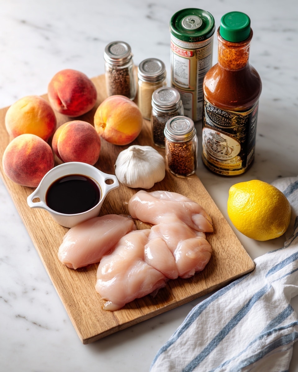 The image shows a wooden cutting board placed on a white marbled surface. On the board, there are four fresh peaches with a pinkish-orange color on the left. Next to the peaches is a small white measuring cup filled with dark brown liquid. To the right of the measuring cup is a white garlic bulb, followed by four raw chicken breasts placed on a white cloth with blue stripes on the far right. Behind these main items, there are five small glass jars with white lids, containing spices and seasonings in different colors such as light brown, white, black pepper, and red powder. Behind the jars, there is a tall bottle of brown Worcestershire sauce, a green can of tomato paste, and a whole yellow lemon on the far right. The overall setup looks clean and well-arranged. photo taken with an iphone --ar 4:5 --v 7