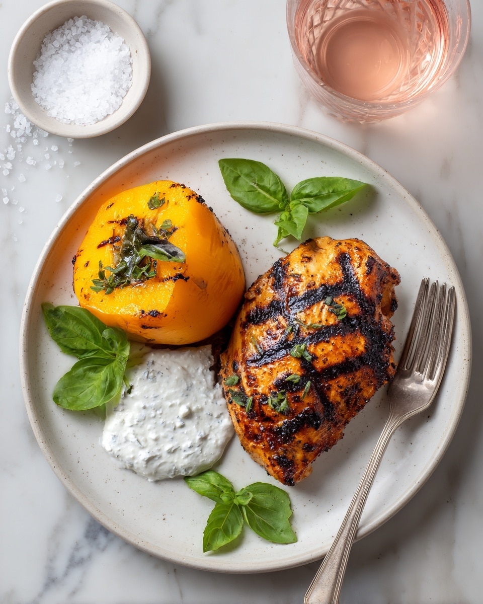 The image shows a white plate with a piece of grilled chicken that has dark grill marks, sitting on the right side. Next to the chicken on the left is a grilled half orange-yellow bell pepper with charred lines. Beside the pepper is a dollop of white sauce, smooth in texture. Fresh green basil leaves are scattered on top of the chicken and around the plate for garnish. A silver fork lies on the right edge of the plate. The plate sits on a white marbled surface. Nearby are a small white bowl filled with coarse salt and a glass with a light pink liquid. Photo taken with an iphone --ar 4:5 --v 7