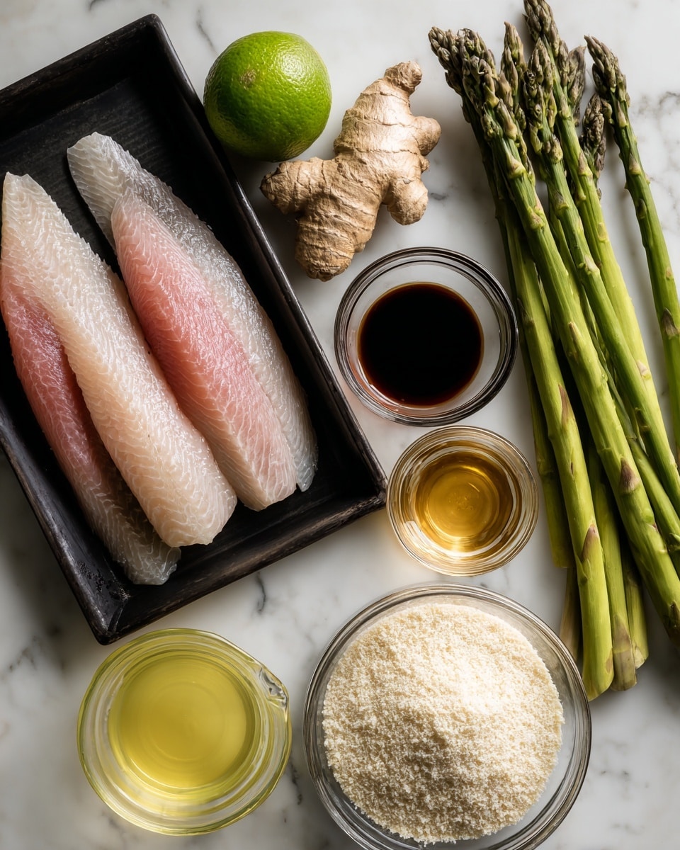 The image shows a white marbled surface holding several cooking ingredients carefully placed and spaced. On the left side, there is a black tray with three pink fish fillets. Above it, a bright green lime and a knobby piece of ginger root are placed side by side. To the right of the fish, a small clear glass container holds a dark brown liquid, and next to it, a similar small glass container holds a light golden liquid. A cluster of green asparagus stalks stands upright near the center right. To the far right, there is a clear white bowl filled with fine white breadcrumbs, and below that, a clear glass measuring cup holds a yellow liquid. The photo taken with an iphone --ar 4:5 --v 7