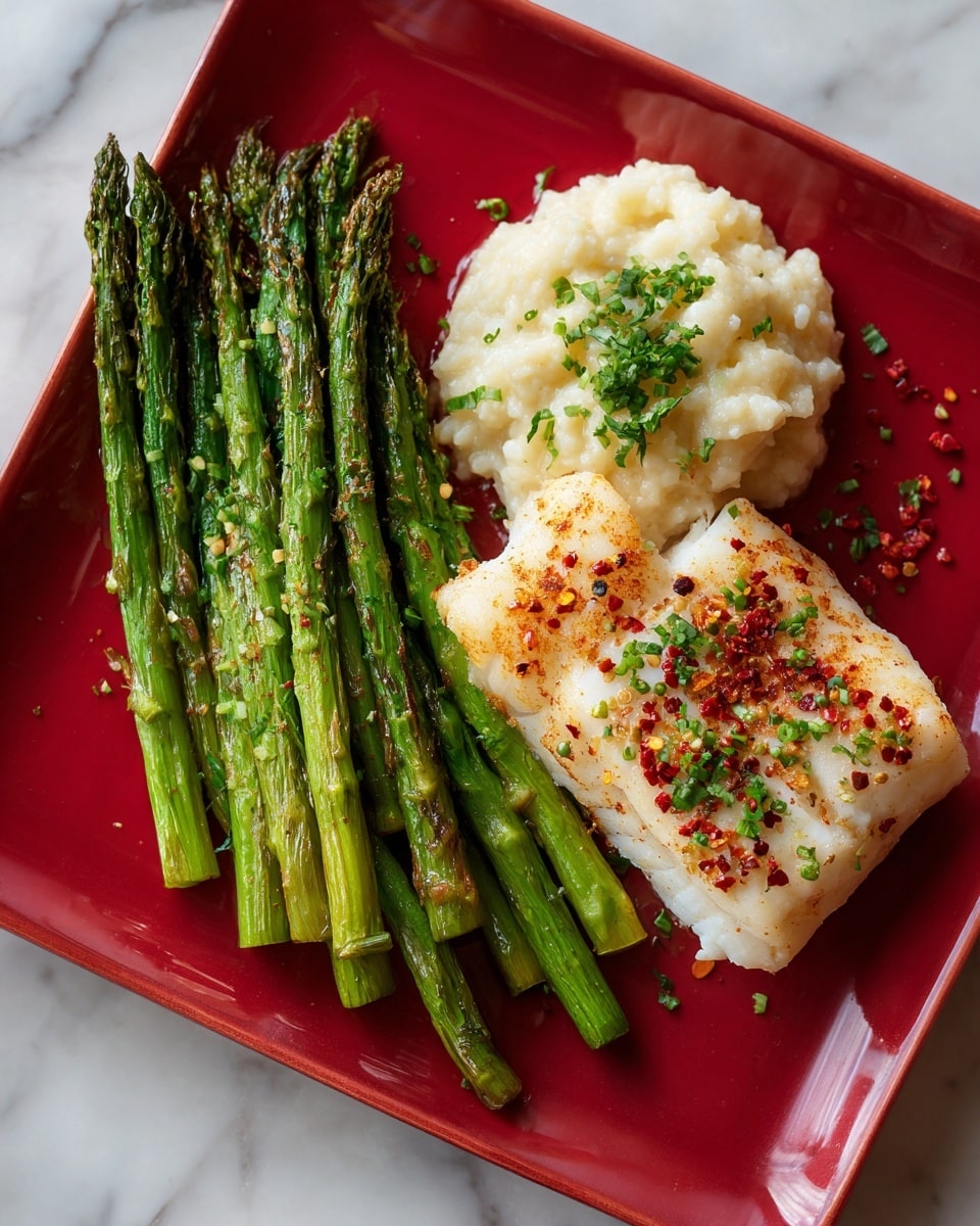 The image shows a red square plate on a white marbled surface holding a meal with three main parts. On the left side, there are several green roasted asparagus spears laid close together, with a slightly charred look. Next to the asparagus, on the bottom left, is a round portion of creamy risotto rice with a soft beige color, garnished with some finely chopped green herbs. On the top right of the plate, there is a large piece of cooked fish with a golden-brown, slightly crispy texture and red pepper flakes sprinkled on top. The food looks warm and fresh. Photo taken with an iphone --ar 4:5 --v 7