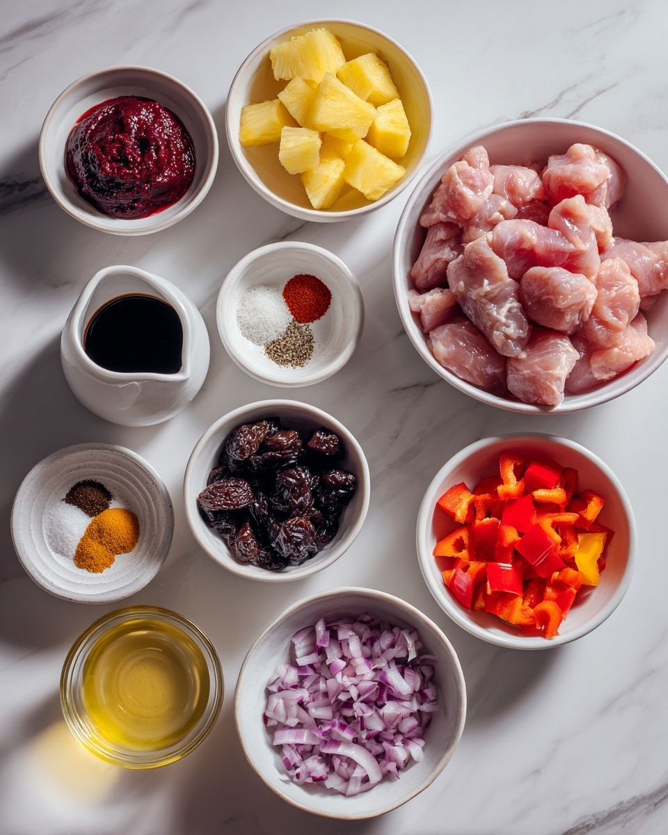The image shows a white marbled surface with various ingredients placed in different white bowls and small containers. Starting from the top right is a large white bowl filled with raw pink chicken pieces. Below it, a medium white bowl contains diced yellow pineapple chunks. To the left of the pineapple is a small white container with black liquid, likely soy sauce, and beside it, a small bowl with salt and pepper mix. At the bottom center is a white bowl filled with chopped red onions. Moving upward to the left, small white bowl holds dark brown dried prunes. Above that is a small clear glass bowl with deep red tomato paste. Next to it, a bigger white bowl filled with bright orange diced red bell peppers. At the top center, a small round dish shows layered spices in brown, tan, white, and reddish-orange colors. A small glass of light yellow oil is placed near the bottom left corner. The image is brightly lit and neatly arranged, photo taken with an iphone --ar 4:5 --v 7