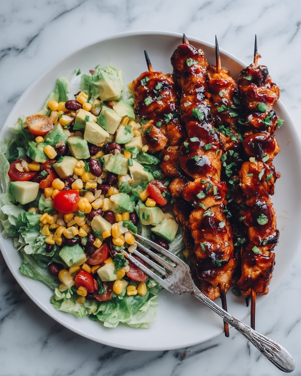 A white plate on a white marbled surface holds two skewers of grilled chicken with a shiny brown glaze and small bits of green herbs on top. To the left on the plate is a chunky salad made of diced avocado, small corn pieces, halved cherry tomatoes, chopped lettuce, and kidney beans mixed together showing green, yellow, red, and dark red colors. A woman’s hand is holding a silver fork resting in the salad. Photo taken with an iphone --ar 4:5 --v 7