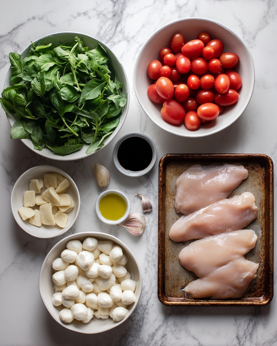 The image shows ingredients arranged on a white marbled surface with several white bowls and a rusty baking tray. There is a white bowl with fresh basil leaves, a white bowl full of arugula, a white bowl filled with grape tomatoes, and another white bowl full of small mozzarella balls. On the rusty baking tray, there are four raw chicken fillets. Nearby, there is a packet of gnocchi pasta and small containers holding olive oil, soy sauce, and garlic cloves. The colors are mostly green, white, red, and light brown, creating a fresh and simple look. photo taken with an iphone --ar 4:5 --v 7
