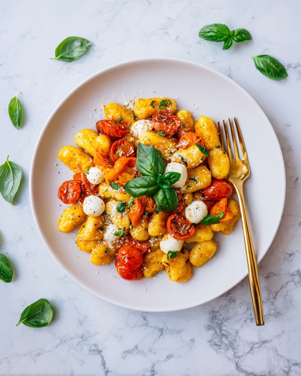 A white plate with a layer of golden-yellow gnocchi, scattered with melted white cheese balls. Above this are roasted bright red cherry tomatoes and some yellow pieces, mixed evenly within the gnocchi. On top is a small bunch of fresh green basil leaves as a decoration. A gold fork is placed on the right side of the plate. The plate sits on a white marbled textured surface with scattered green basil leaves around. Photo taken with an iphone --ar 4:5 --v 7