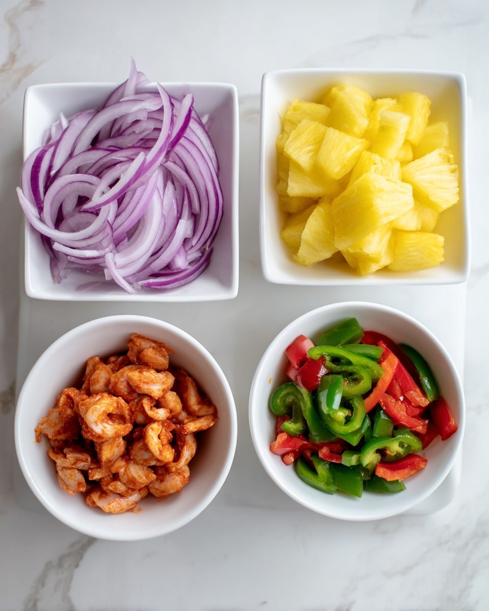 The image shows four white bowls arranged on a white marbled surface. The top square bowl contains bright yellow pineapple chunks, neatly piled inside. Below it on the left, a round bowl holds thinly sliced purple onions with some translucent layers visible. To the right of the onions, another round bowl is filled with chopped red and green bell peppers, mixed together in equal amounts. At the bottom center, the last round bowl contains small pieces of marinated chicken with a reddish sauce coating each piece. The colors of each ingredient contrast with the white bowls and the white marbled background, making the image bright and clean. photo taken with an iphone --ar 4:5 --v 7